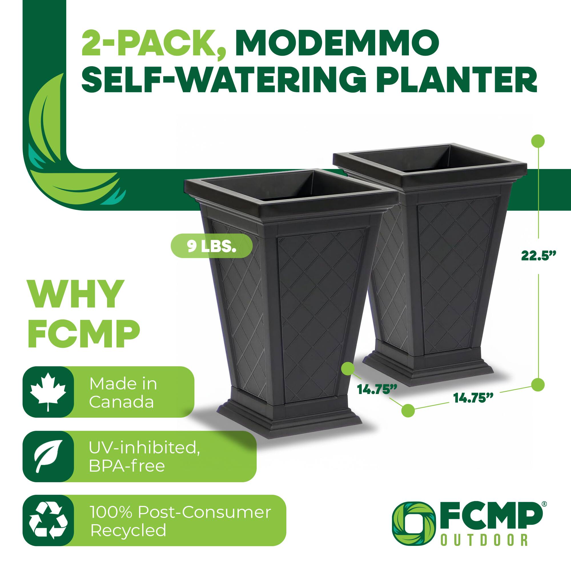 2-Pack, Modemo Self-Watering Planter Why FCMP 9 LBS. 22.5" Made in Canada 14.75" 14.75" UV-inhibited, BPA-free 100% Post-Consumer Recycled FCMP Outdoor