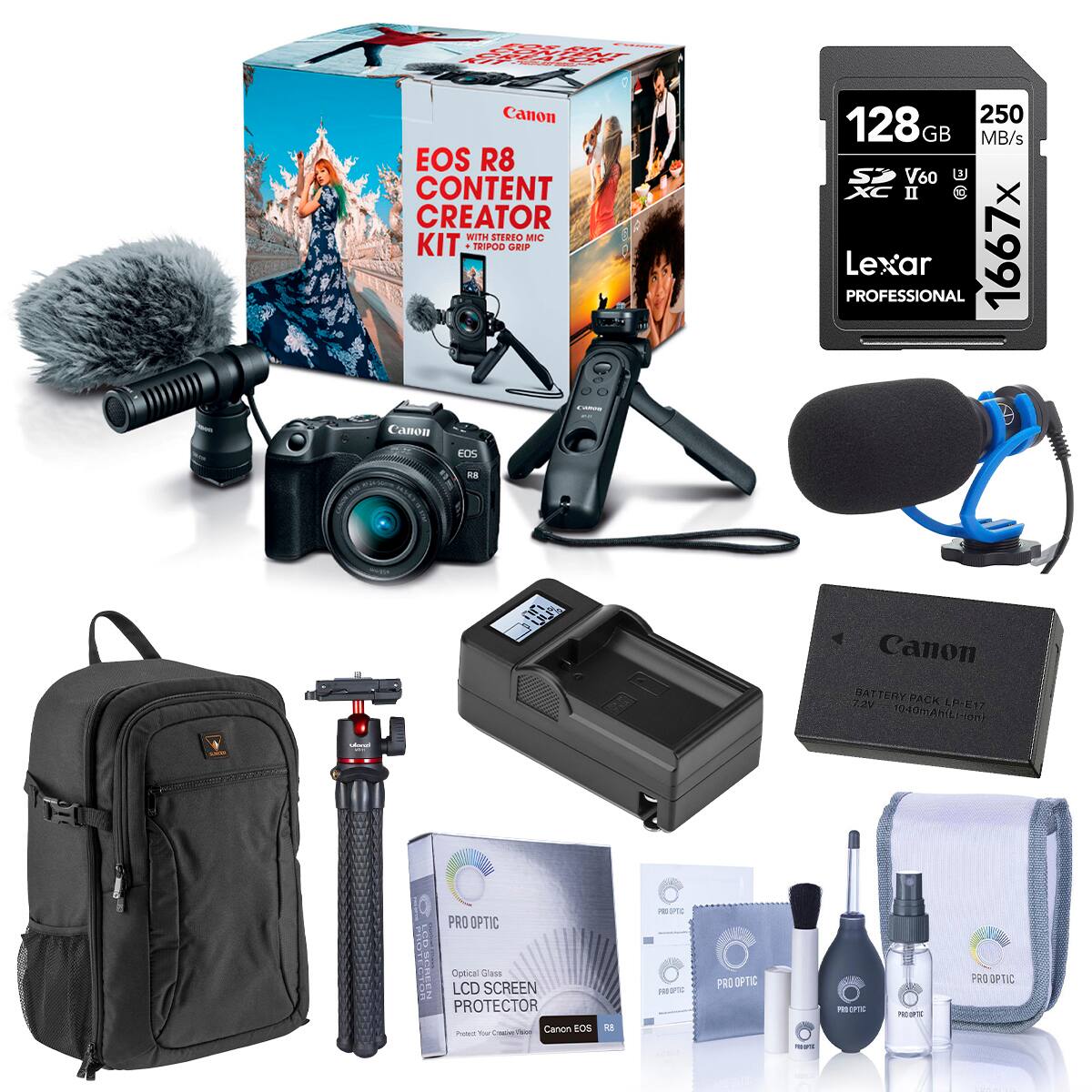 CONTEN EOS KIT Canon EOS R8 CONTENT CREATOR WITH STEREO MIC KIT TRIPOD GRIP CHIMOU Canou EOS R8

250 128GB GB MB/s V60 @ II @ Lexar PROFESSIONAL 1667x

Canon 7.24 BATTERY PACK LP-E17 1040mAh

PRO OPTIC
Optical Glass LCD SCREEN PROTECTOR Canon EOS R8

PRO OPTIC
PRO OPTIC
PRO OPTIC