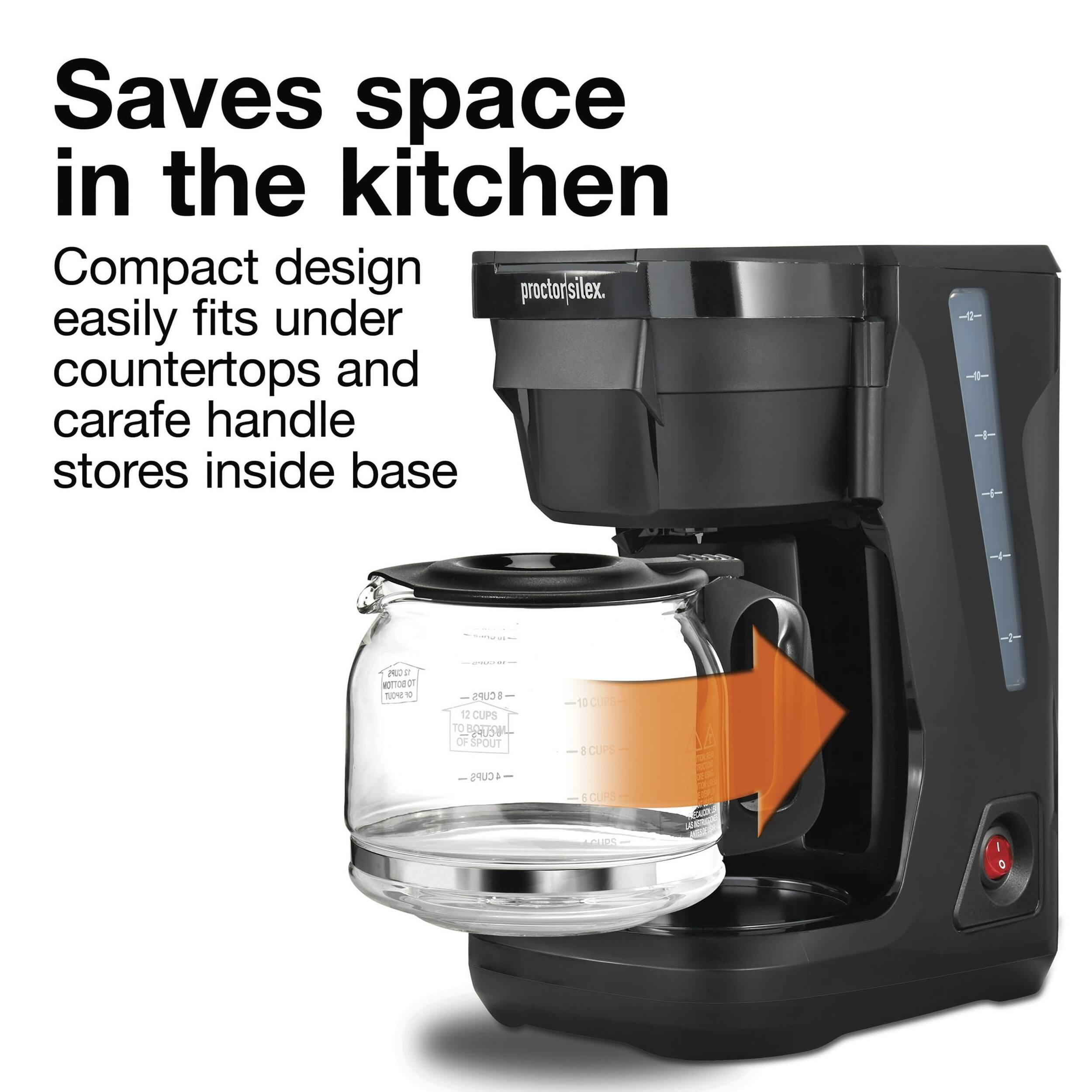 Saves space in the kitchen Compact design easily fits under countertops and carafe handle stores inside base.