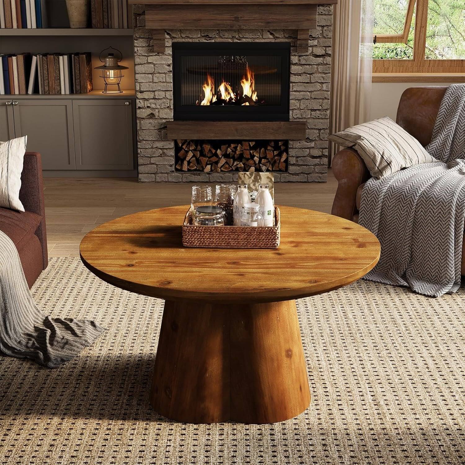 Alt View 1. Tribesigns - Solid Wood Coffee Table with Space-Saving Design and Round Top for Books, Drinks and Everyday Essentials - Brown.
