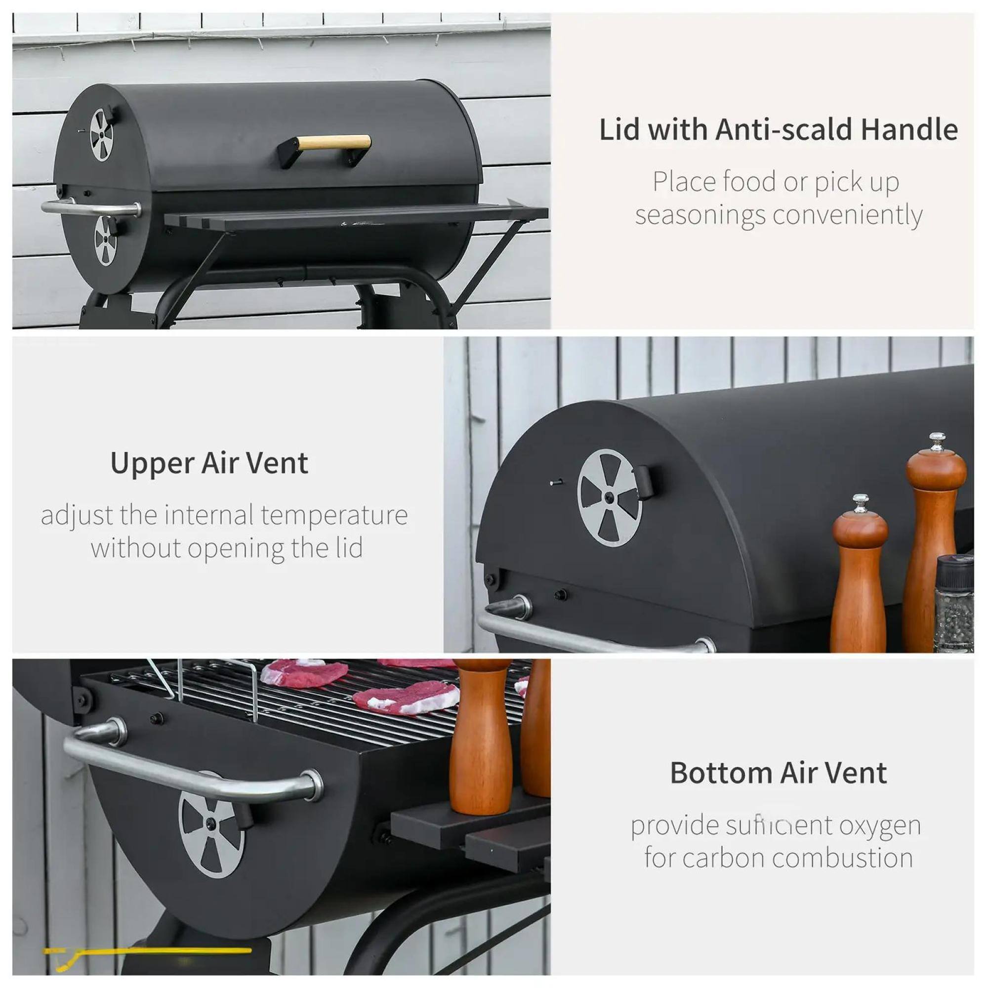 Lid with Anti-scald Handle  
Place food or pick up seasonings conveniently  

Upper Air Vent  
adjust the internal temperature without opening the lid  

Bottom Air Vent  
provide sufficient oxygen for carbon combustion