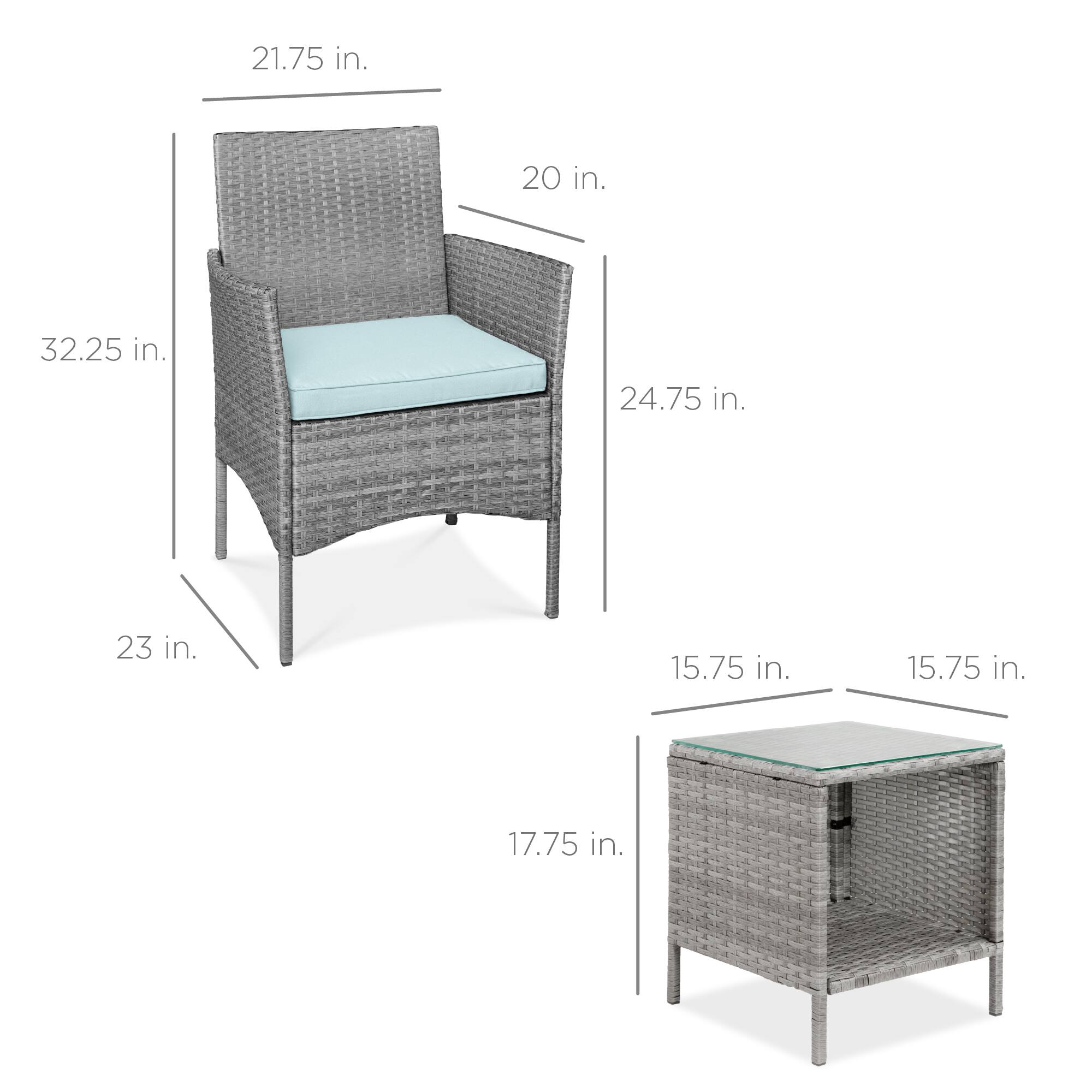 - Chair:
  - Height: 32.25 in.
  - Width: 21.75 in.
  - Depth: 24.75 in.
  - Seat Height: 17.75 in.
  - Armrest Height: 20 in.
  - Seat Depth: 23 in.

- Table:
  - Height: 15.75 in.
  - Width: 15.75 in.
  - Depth: 15.75 in.