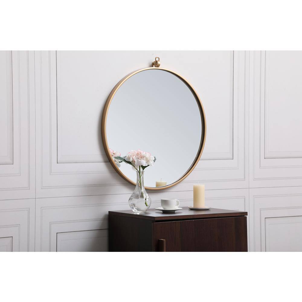 Alt View 1. Elegant Decor - Metal frame round mirror with decorative hook 21 inch in Brass - Brass.