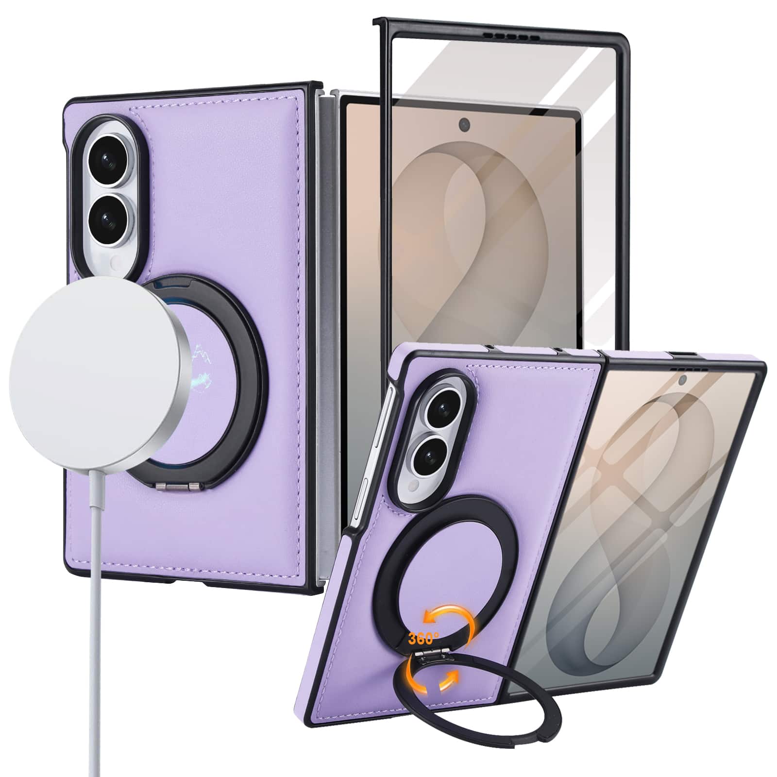 Dteck - Shockproof Case for Samsung Galaxy Z Fold8 with Stand, Magnetic Leather Texture Rigid Plastic Cover Built in Screen Film - Lightpurple price history on PriceWatchPro