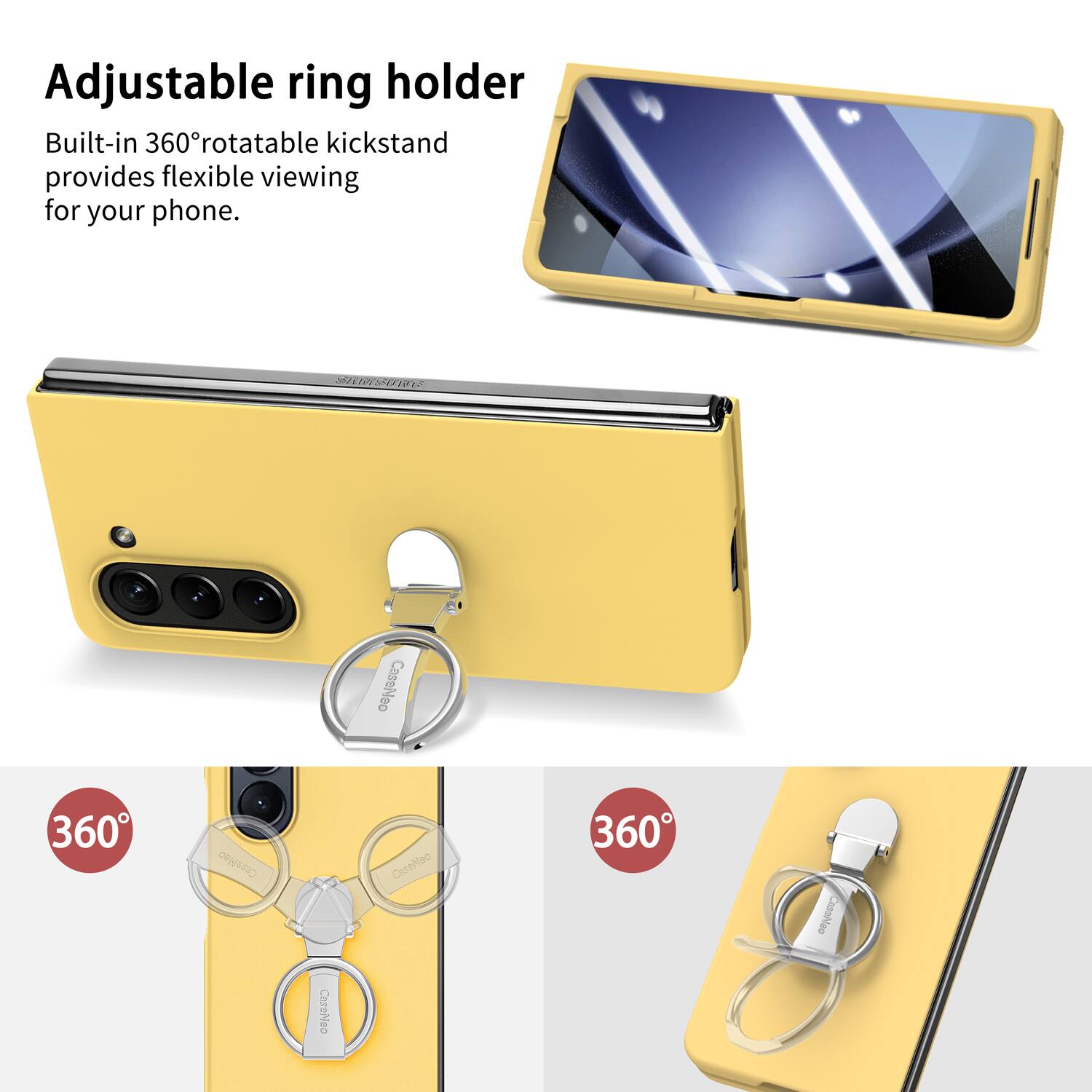 Adjustable ring holder  
Built-in 360° rotatable kickstand provides flexible viewing for your phone.  

MIESTRE  
CaseNoo  
360 CorsMeo  
CeseNeo  
360 Cansheo  
CiteNeo