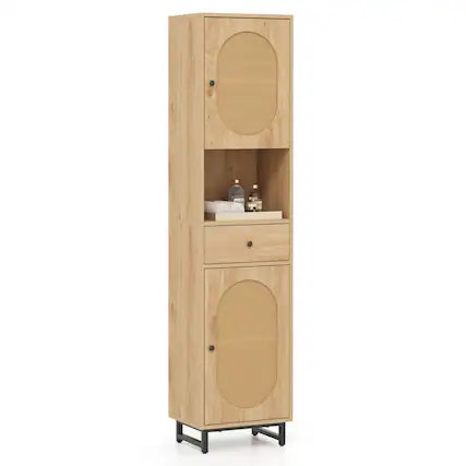 Front. Costway - Costway 67" Tall Bathroom Cabinet with 2 Doors Open Compartment & Drawer Adjustable Shelves Beige - Beige.