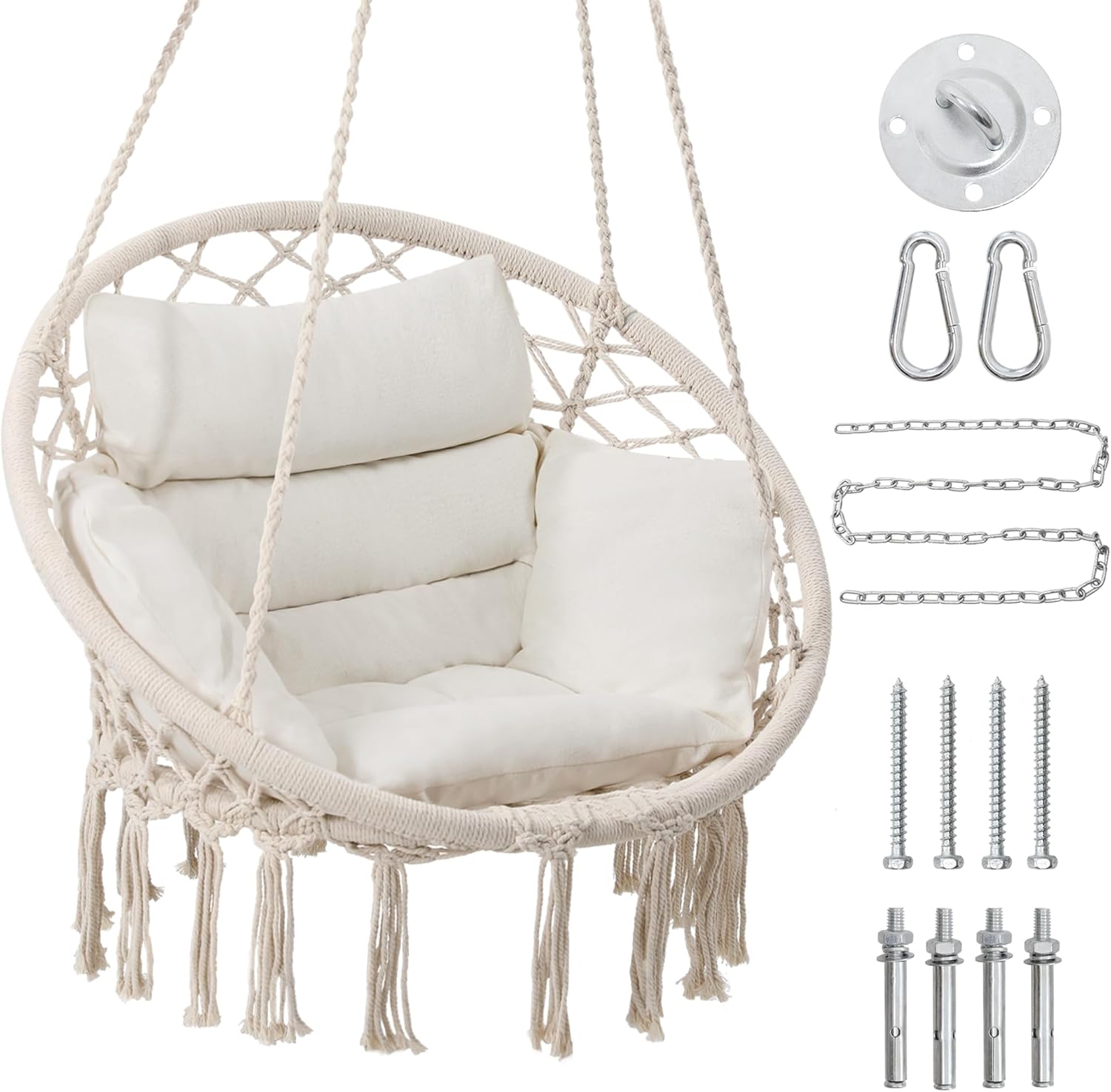 FINEAK - Elegant Macrame Hammock Swing Chair for Indoor & Outdoor Serenity - Beige