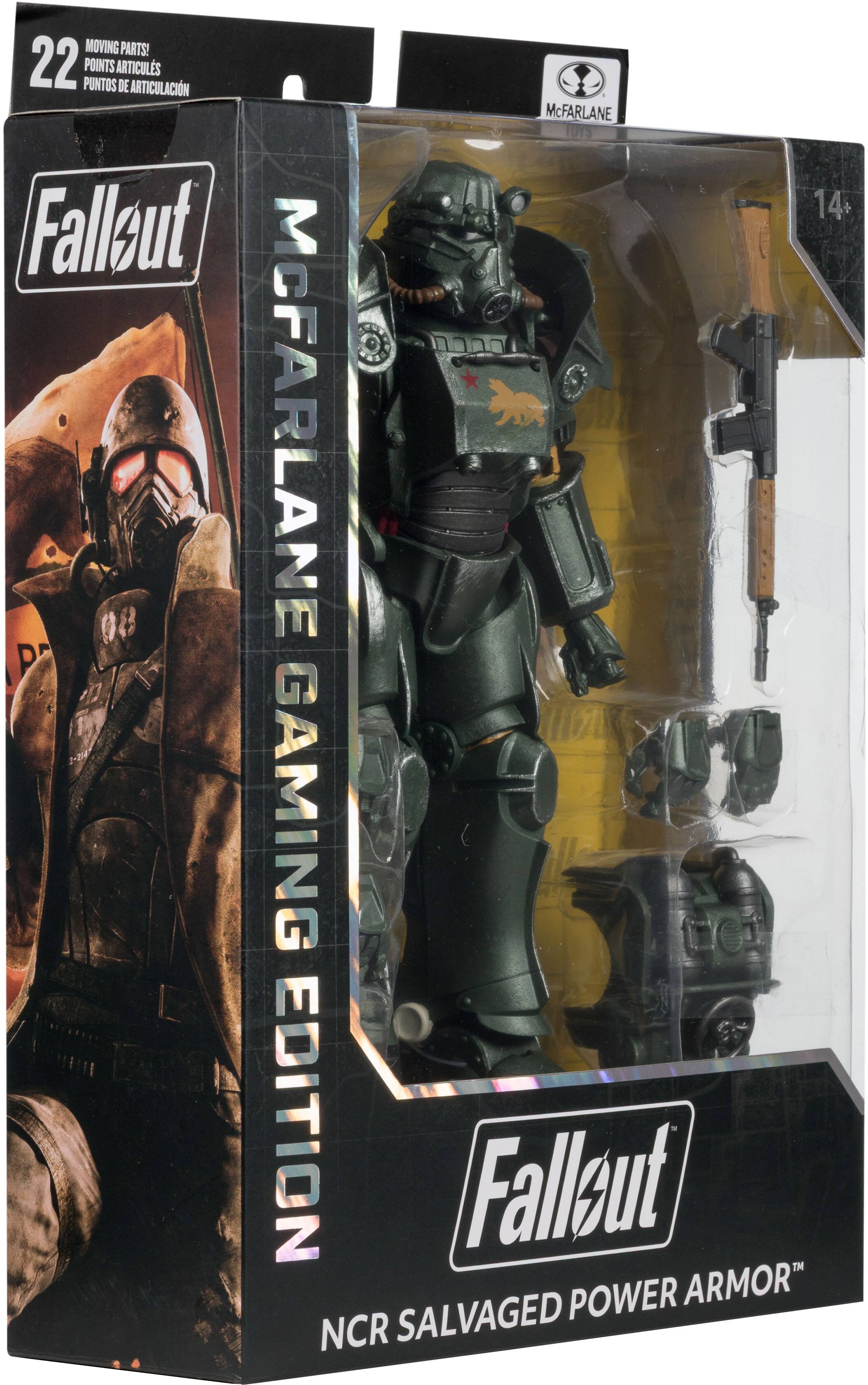 MOVING PARTS!  
22 POINTS ARTICULS DE ARTICULACIÓN  
PUNTOS DE ARTICULACIÓN  

Fallout  
McFARLANE TOYS  
14+  

McFARLANE GAMING EDITION  
Fallout™ POWER ARMOR  
NCR SALVAGED