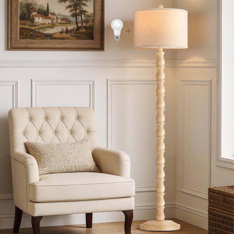 Front. partphoner - 63.5" Rustic Floor Lamp for Living Room, Farmhouse Floor Lamp with Rotary Switch & Linen Shade - Cream White.