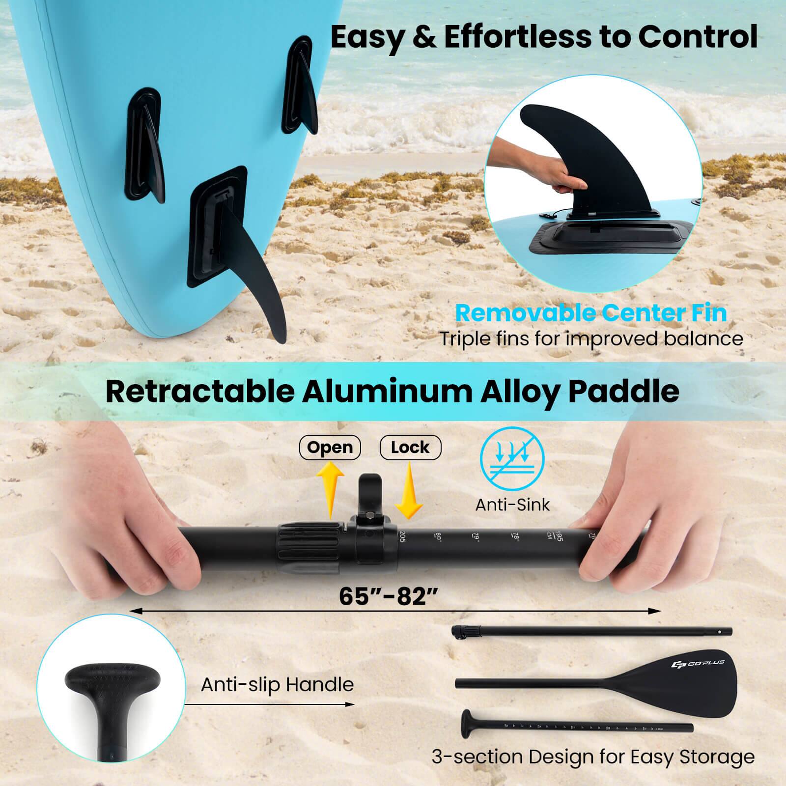 Easy & Effortless to Control Removable Center Fin Triple fins for improved balance Retractable Aluminum Alloy Paddle Open Lock Anti-Sink os T a 4 g 1 65"-82" Anti-slip Handle E RPLU 3-section Design for Easy Storage