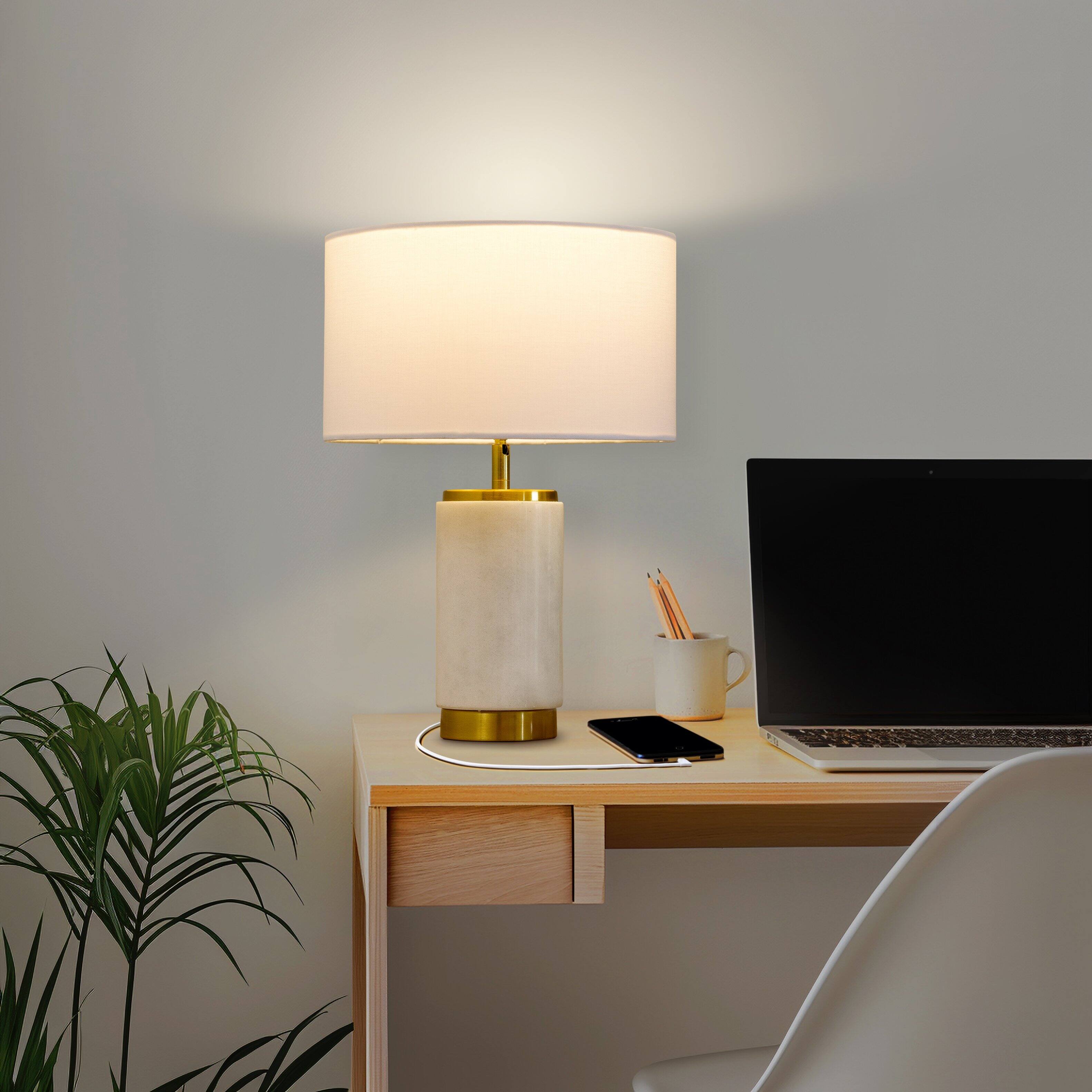 Alt View 5. Brightech - Arden LED Midcentury Modern Bedside Nightstand Desk Lamp with Fast Charging USB Port - Glossy White Marble.