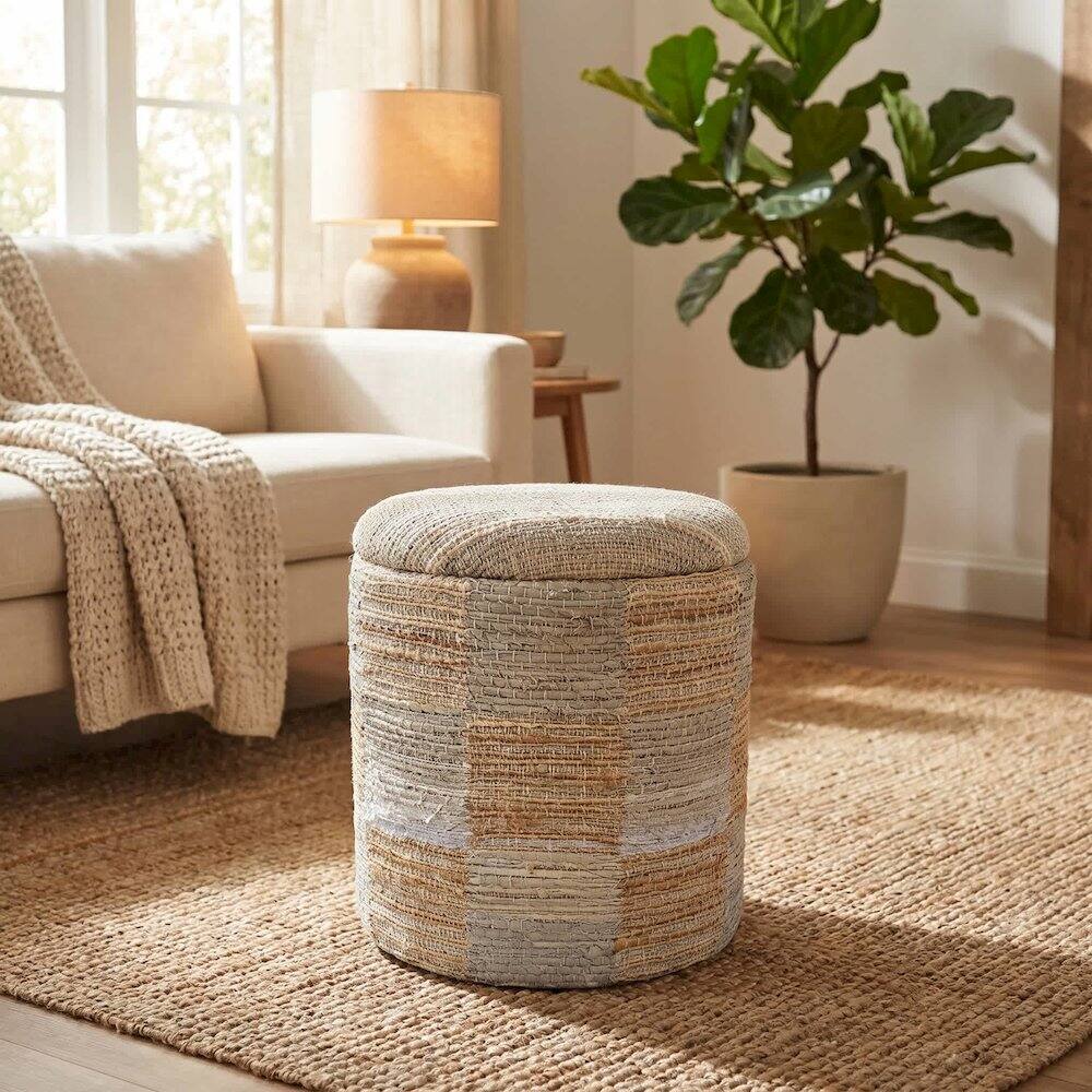 Alt View 2. Carolina Chair & Table - Handwoven Fabric Storage Ottoman - Multi-Purpose Foot Rest Yellow - Yellow.