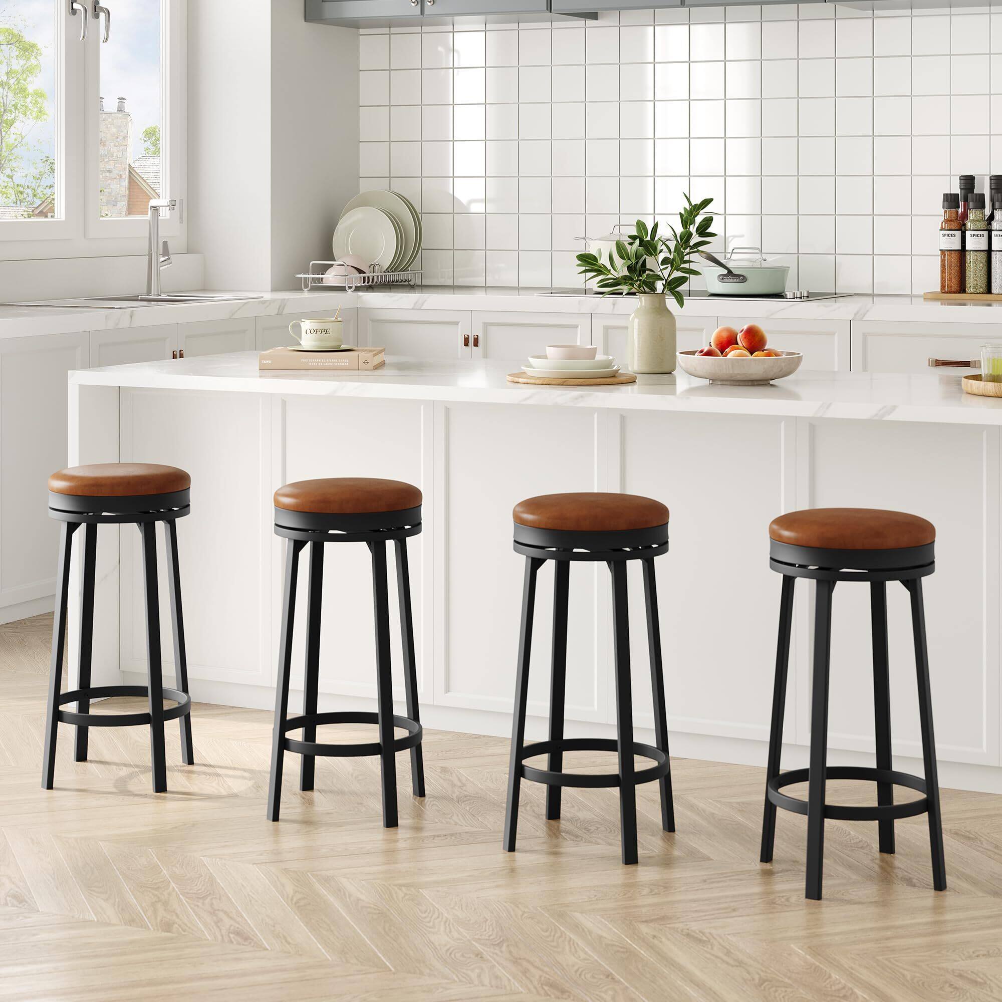 Front. Babevy - 30'' Swivel Bar Stools Set of 4, Counter Height Bar Stools with Footrest，Backless Round Design - Brown.