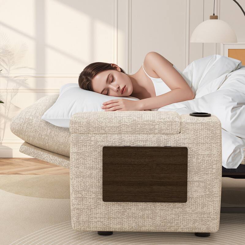 Left. Dyonery - 65.5" Loveseat Sleeper Sofa with Pull Out Bed,Chenille Sofa Bed with Reclining Backrest,USB Ports,Cup Holders,Side table - Beige.