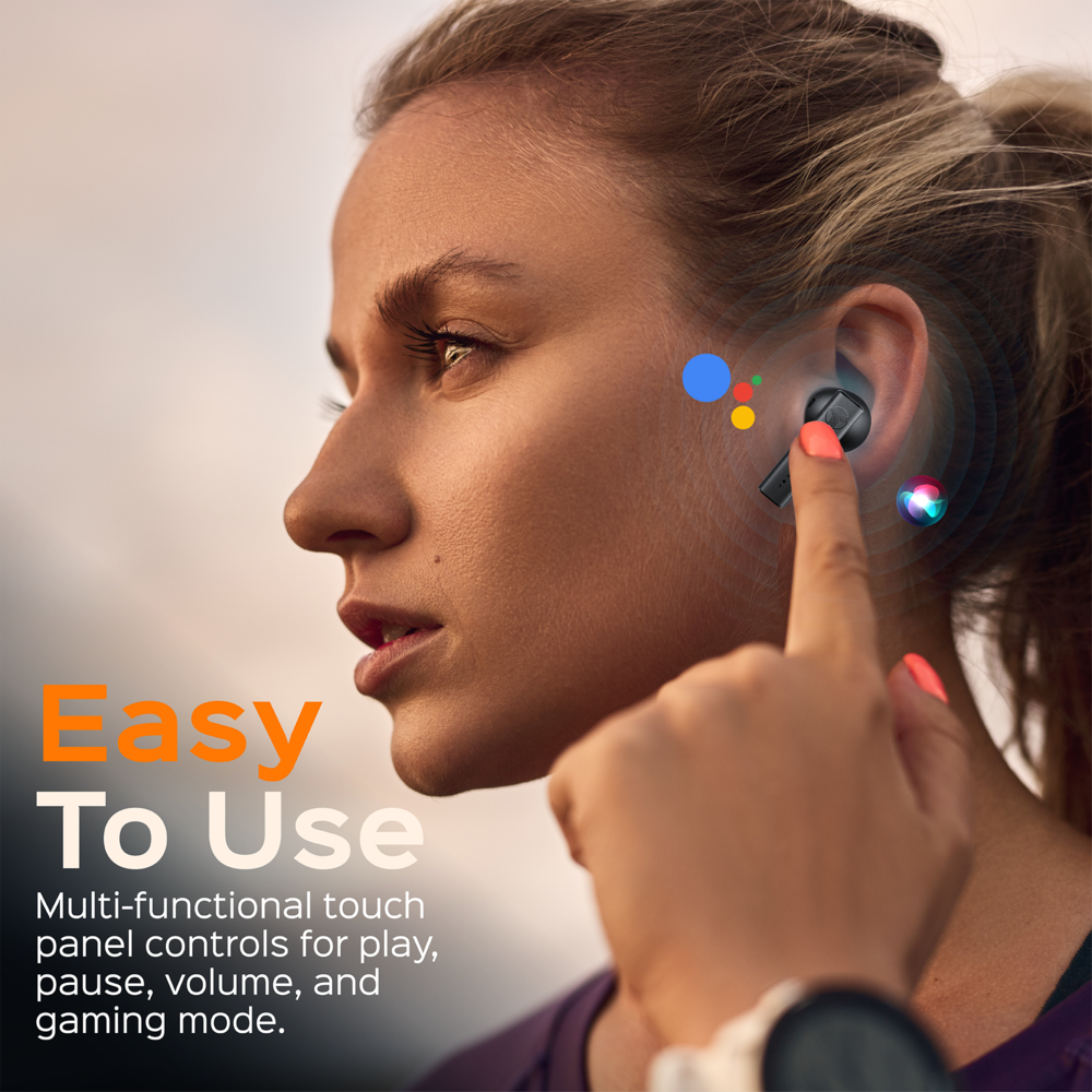 Easy To Use  
Multi-functional touch panel controls for play, pause, volume, and gaming mode.