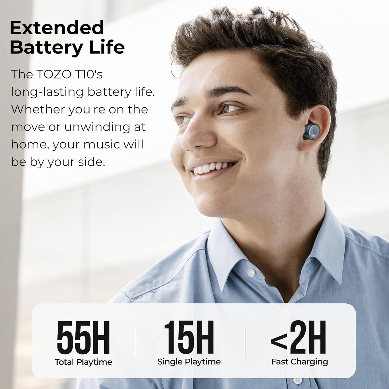 Extended Battery Life
The TOZO T10's long-lasting battery life. Whether you're on the move or unwinding at home, your music will be by your side.
55H Total Playtime
15H Single Playtime
<2H Fast Charging