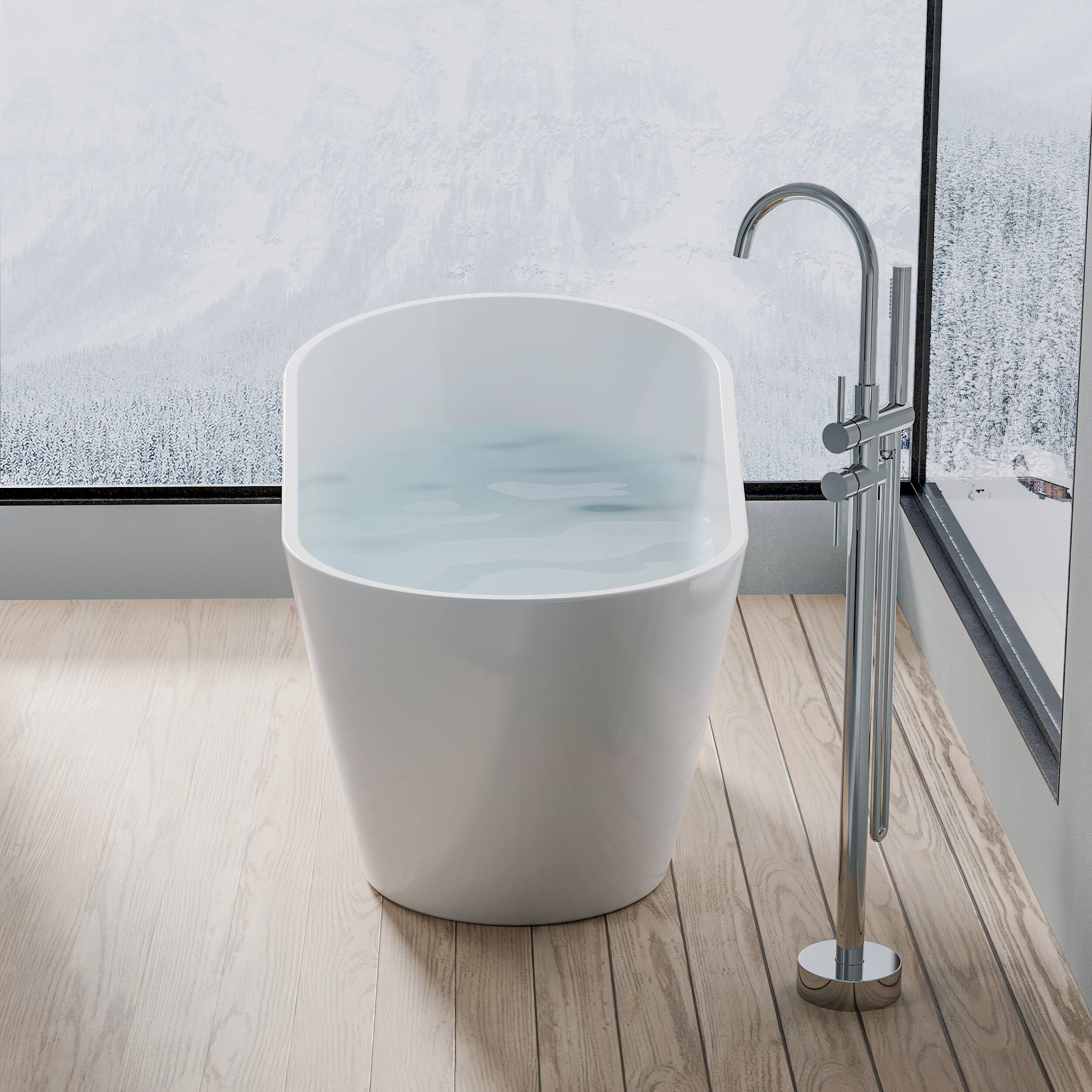 Angle. WELLFOR - Comfy 59 in. x 31 in. Pure Acrylic Flatbottom Oval Freestanding Soaking Bathtub with Drain and Overflow Included - White.
