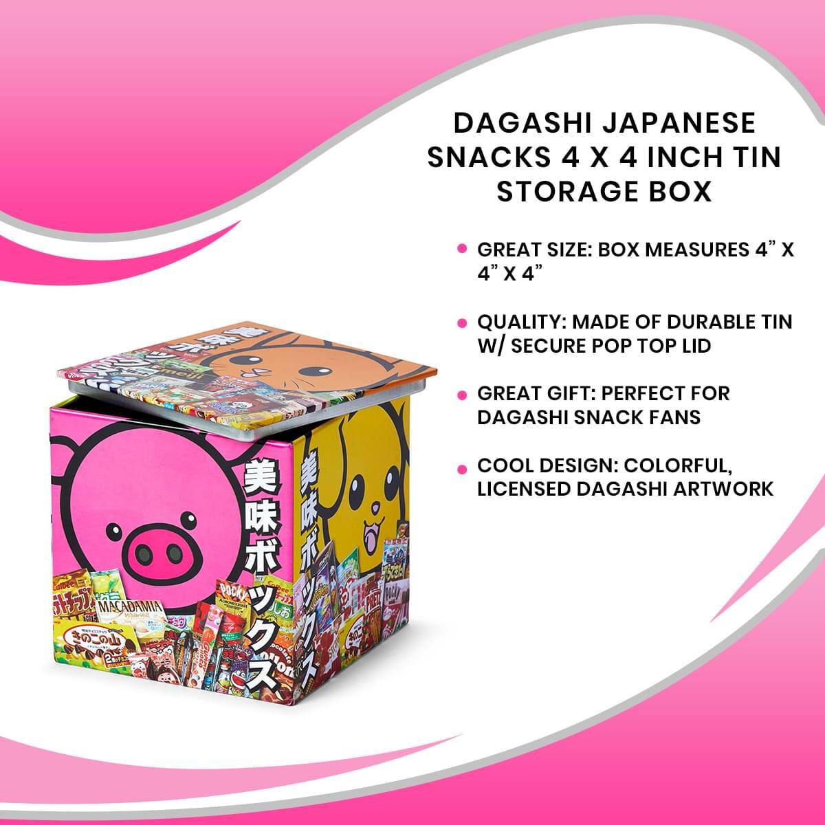DAGASHI JAPANESE SNACKS 4 X 4 INCH TIN STORAGE BOX

- GREAT SIZE: BOX MEASURES 4" X 4" X 4"
- QUALITY: MADE OF DURABLE TIN W/ SECURE POP TOP LID
- GREAT GIFT: PERFECT FOR DAGASHI SNACK FANS
- COOL DESIGN: COLORFUL, LICENSED DAGASHI ARTWORK
