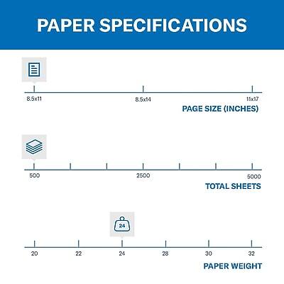 PAPER SPECIFICATIONS

PAGE SIZE (INCHES)
- 8.5x11
- 8.5x14
- 11x17

TOTAL SHEETS
- 500
- 2500
- 5000

PAPER WEIGHT
- 20
- 22
- 24
- 28
- 30
- 32