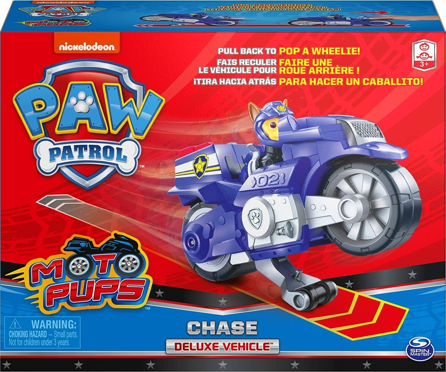 nickelodeon PULL BACK TO POP A WHEELIE! FAIS RECULER FAIRE UNE 3+ LE VÉHICULE POUR ROUE ARRIÈRE! ¡TIRA HACIA ATRÁS PARA HACER UN CABALLITO! PAW PATROL 023  
M T PUPS!  
WARNING: CHOKING HAZARD - Small parts. Not for children under 3 years.  
CHASE DELUXE VEHICLE  
SPIN MASTER