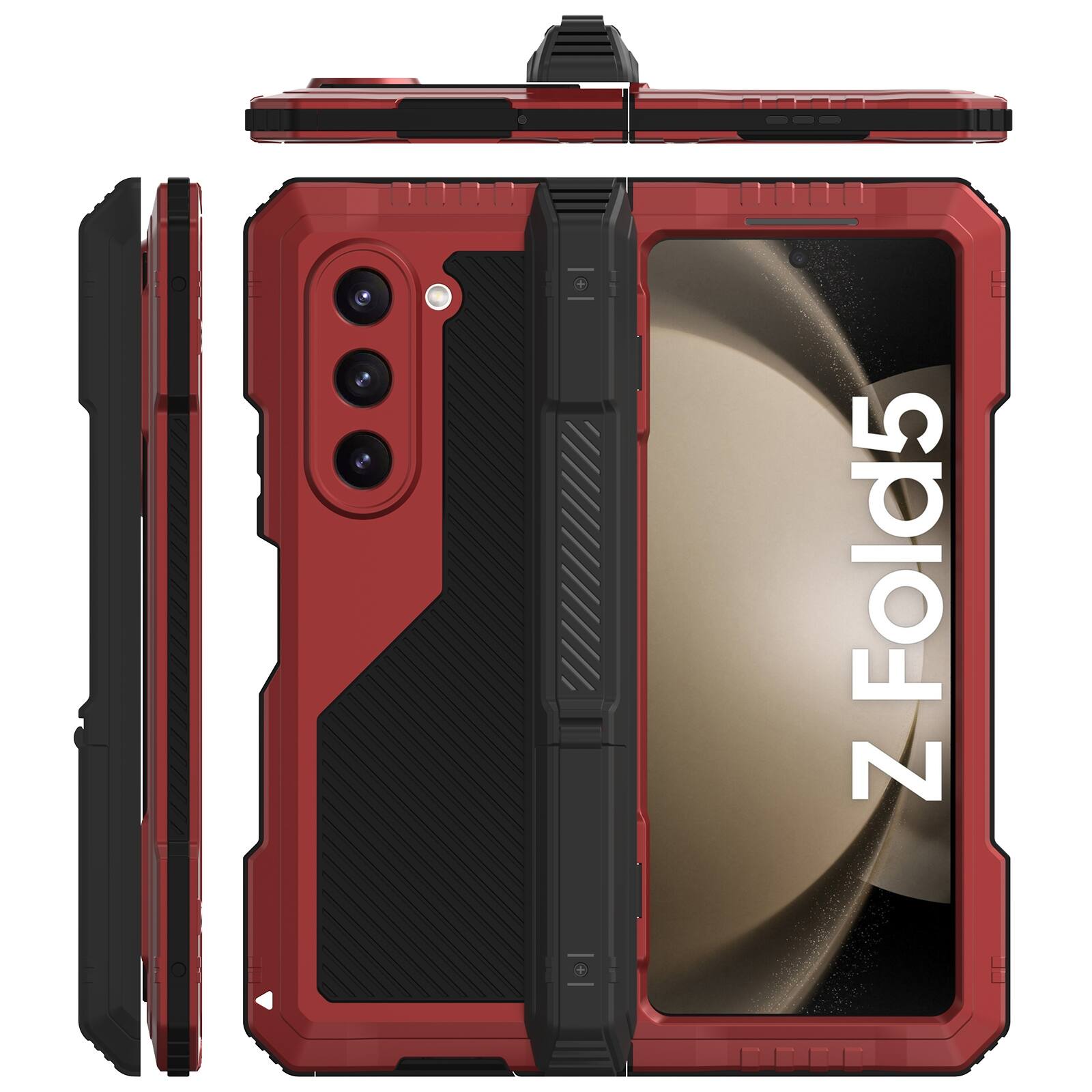Angle. Dteck - for Samsung Galaxy Z Fold 5 Case with S Pen Holder,Heavy Duty Metal Rubber Hybrid Shockproof Case with Hinge Protection - Red.