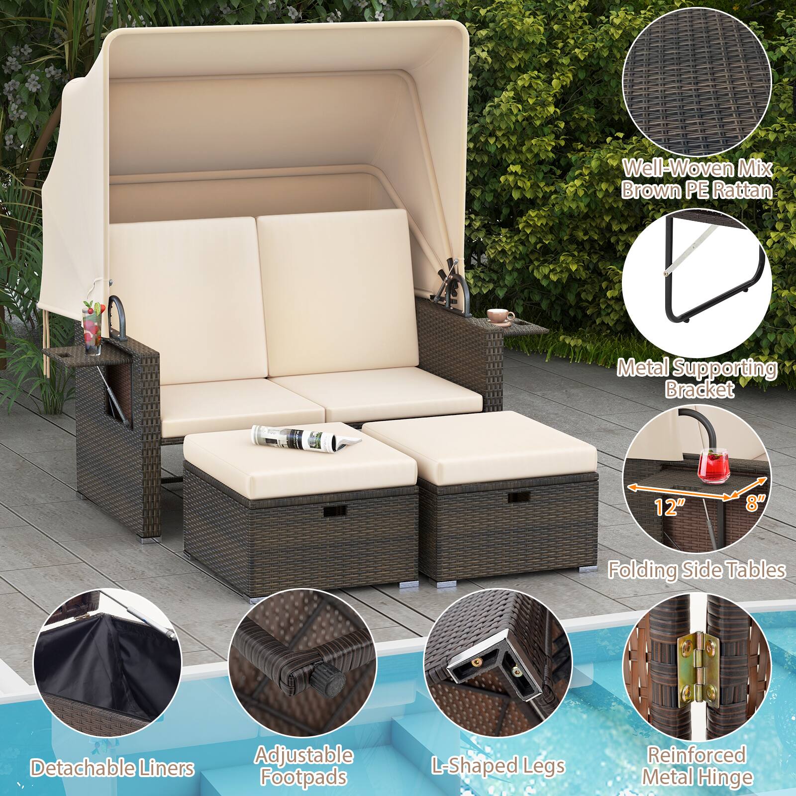- Well-Woven Mix Brown PE Rattan
- Metal Supporting Bracket
- Folding Side Tables (12" x 8")
- Detachable Liners
- Adjustable Footpads
- L-Shaped Legs
- Reinforced Metal Hinge