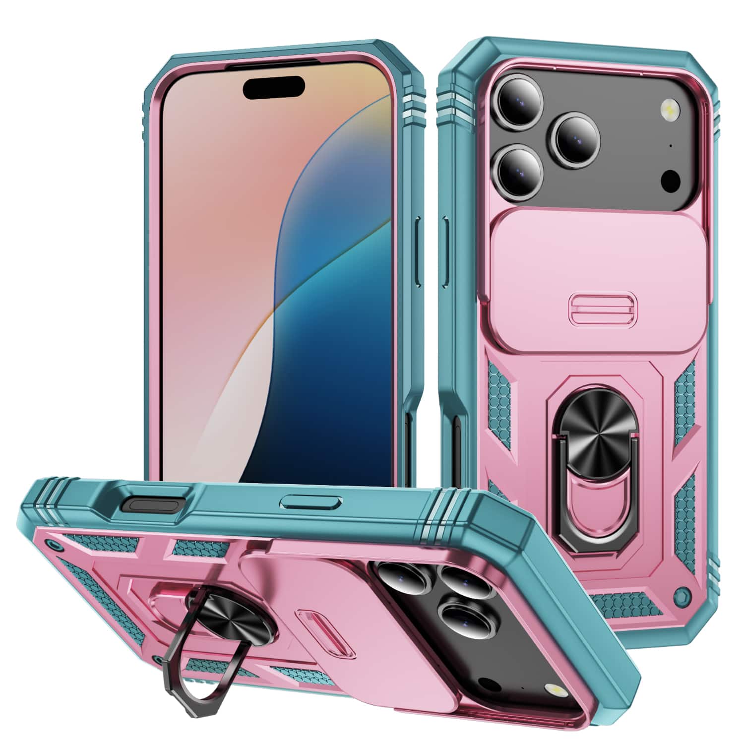 Dteck - Ring Kickstand Case For Apple iPhone 17 Pro with Slide Camera, Shockproof Magnetic PC TPU Rugged Cover - Pink/Green price history on PriceWatchPro