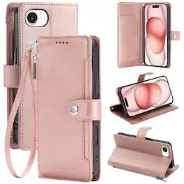 Dteck - Wallet Case for Apple iPhone 17e/16e Crossbody Premium Leather Kickstand Zipper Card Slot Cover With Strap+Lanyard - Rosegold