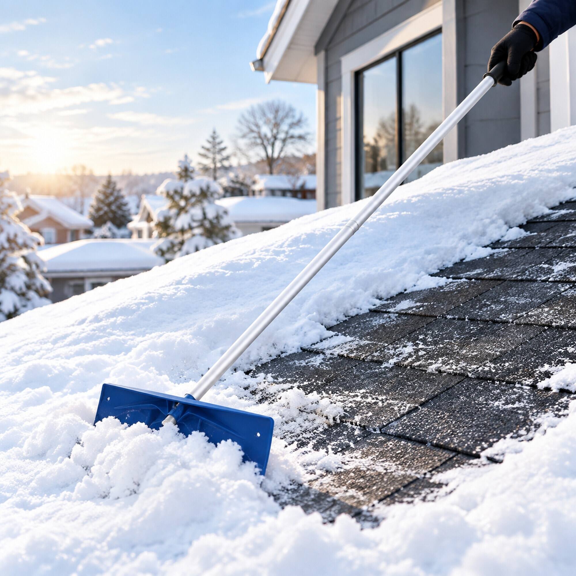 Angle. RYHNUYNE - Snow Roof Rake, 24 in PP Plastic Blade, 3.8-18.2 ft Adjustable Handle, Rolling Wheels, Anti-Slip Grip - Navy+Silver.