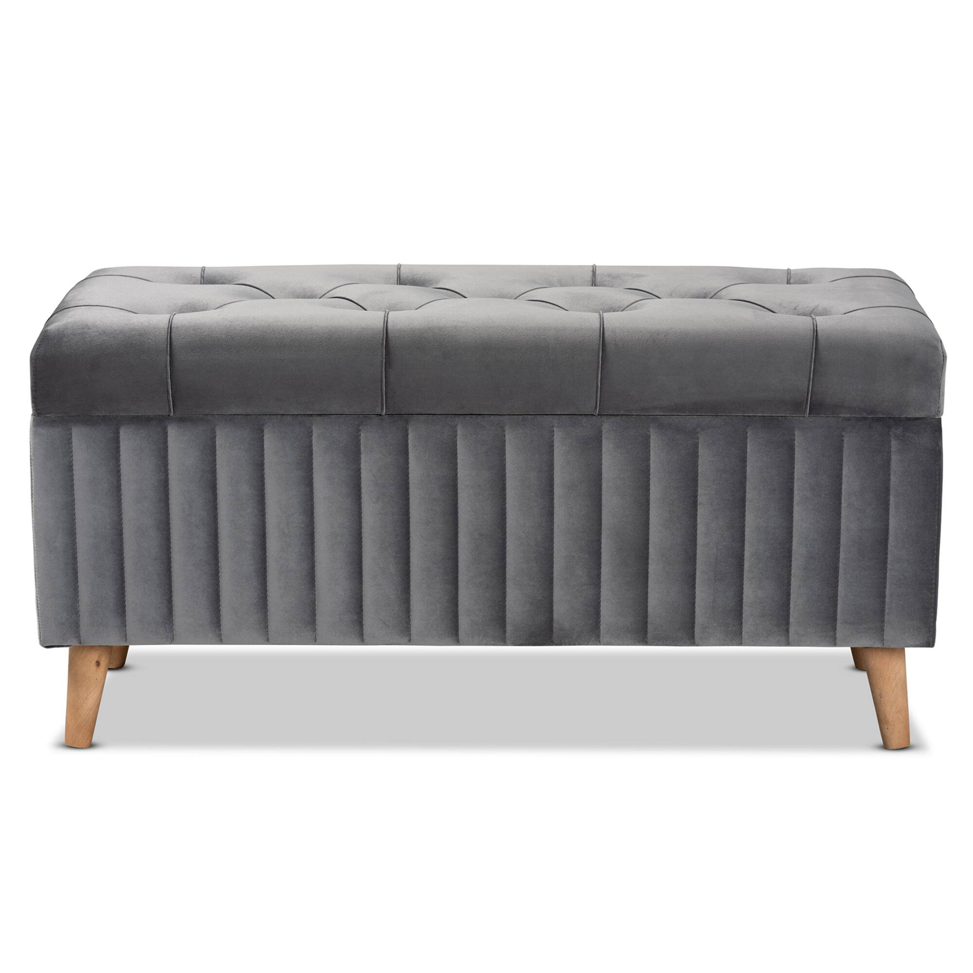 Left. Baxton Studio - Hanley Modern and Contemporary Velvet Fabric Upholstered and Walnut Brown Finished Wood Storage Ottoman - Grey/Walnut Brown.