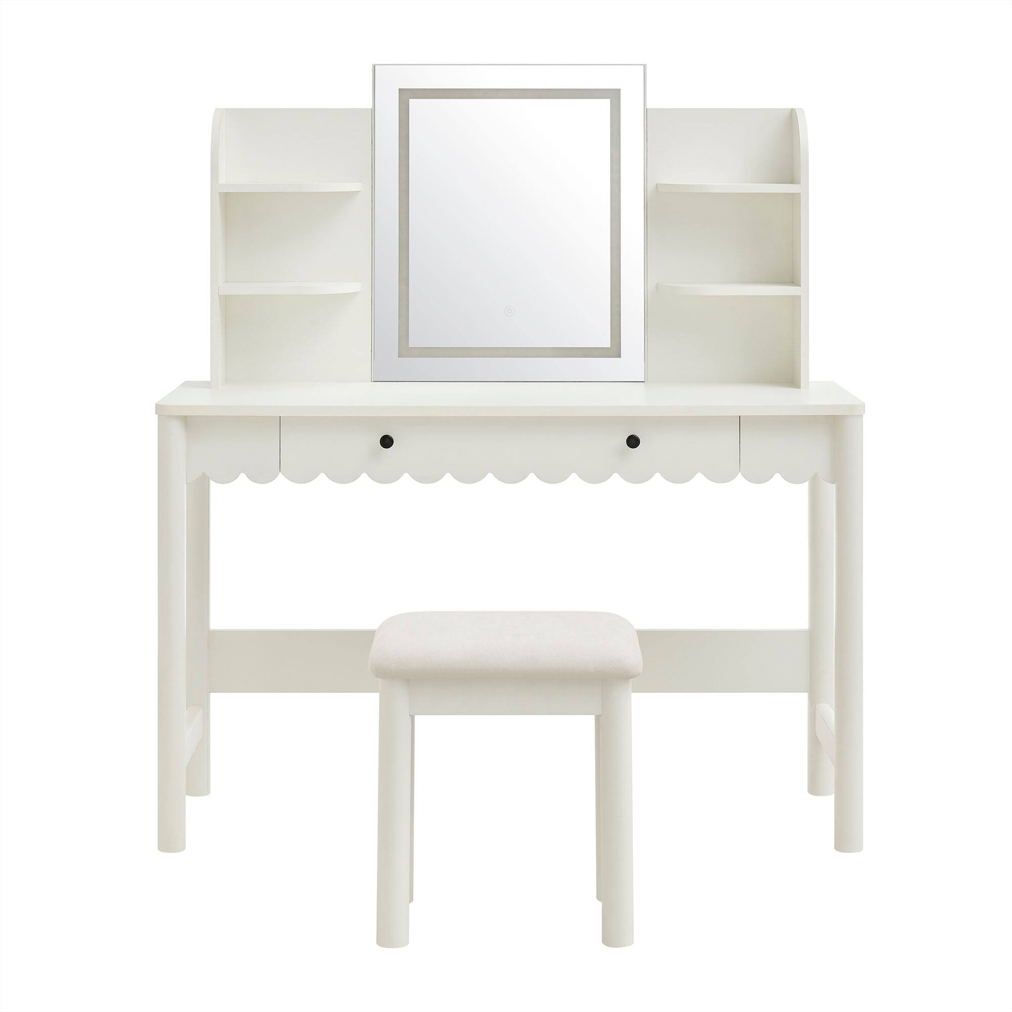 Alt View 1. Modway - Emmeline Scalloped Makeup Vanity Desk With LED Mirror and Stool by Modway - White Ivory.