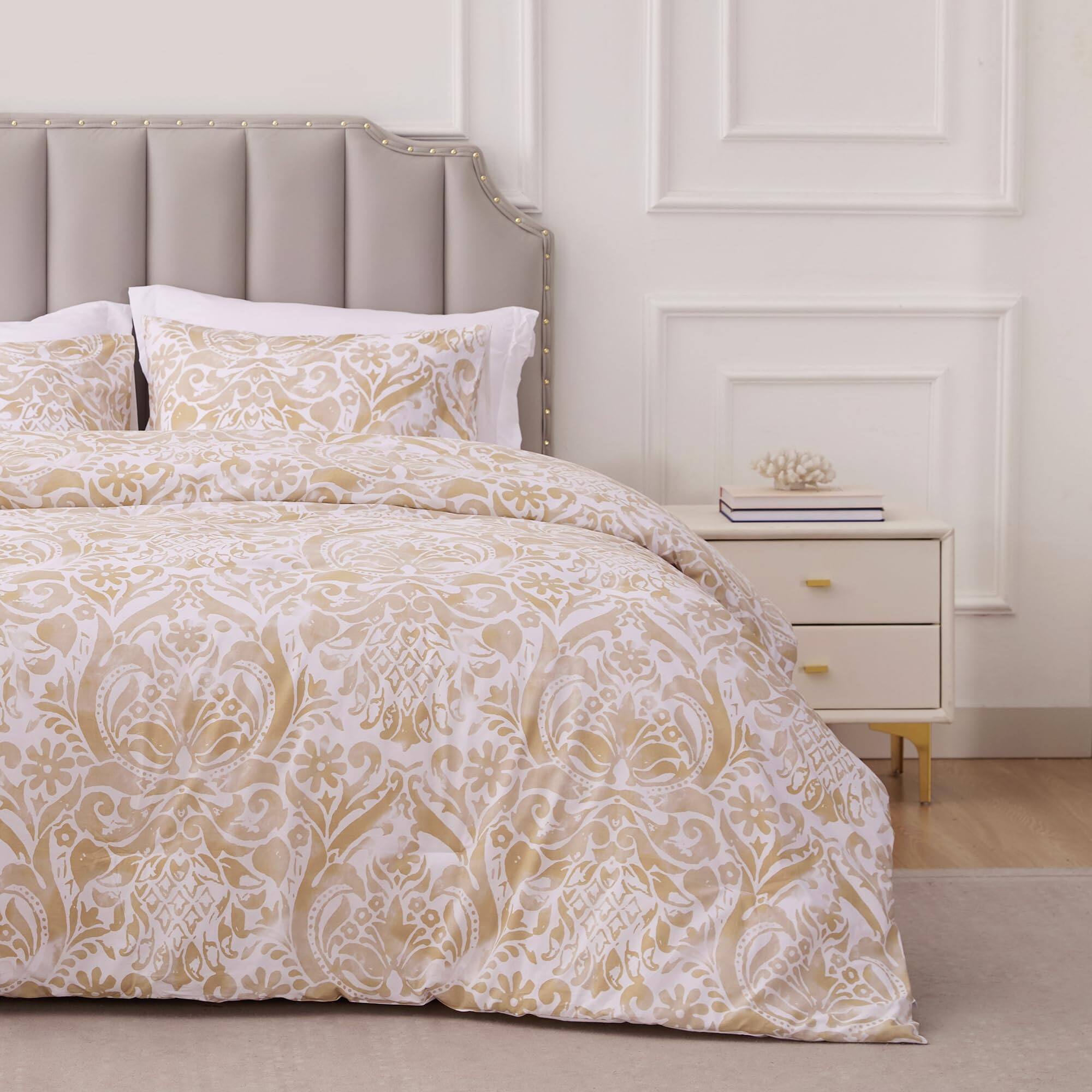Front. PO3TICJUNKI3 - Damask Comforter Set 3 Cotton With Printed 2 Pillowcases All Season Lightweight Bedding - Bronze-Queen.