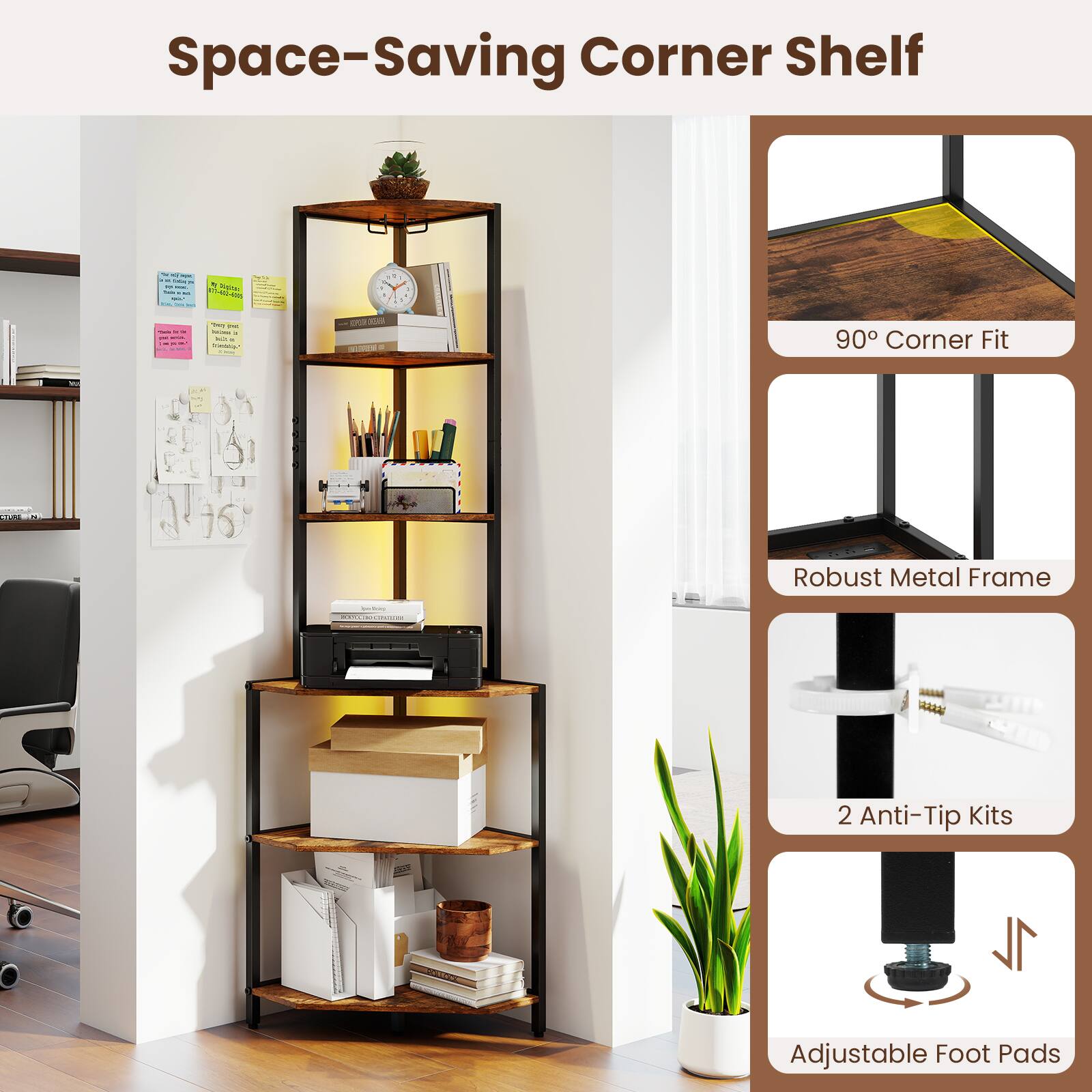 Space-Saving Corner Shelf

- 90° Corner Fit
- Robust Metal Frame
- 2 Anti-Tip Kits
- Adjustable Foot Pads