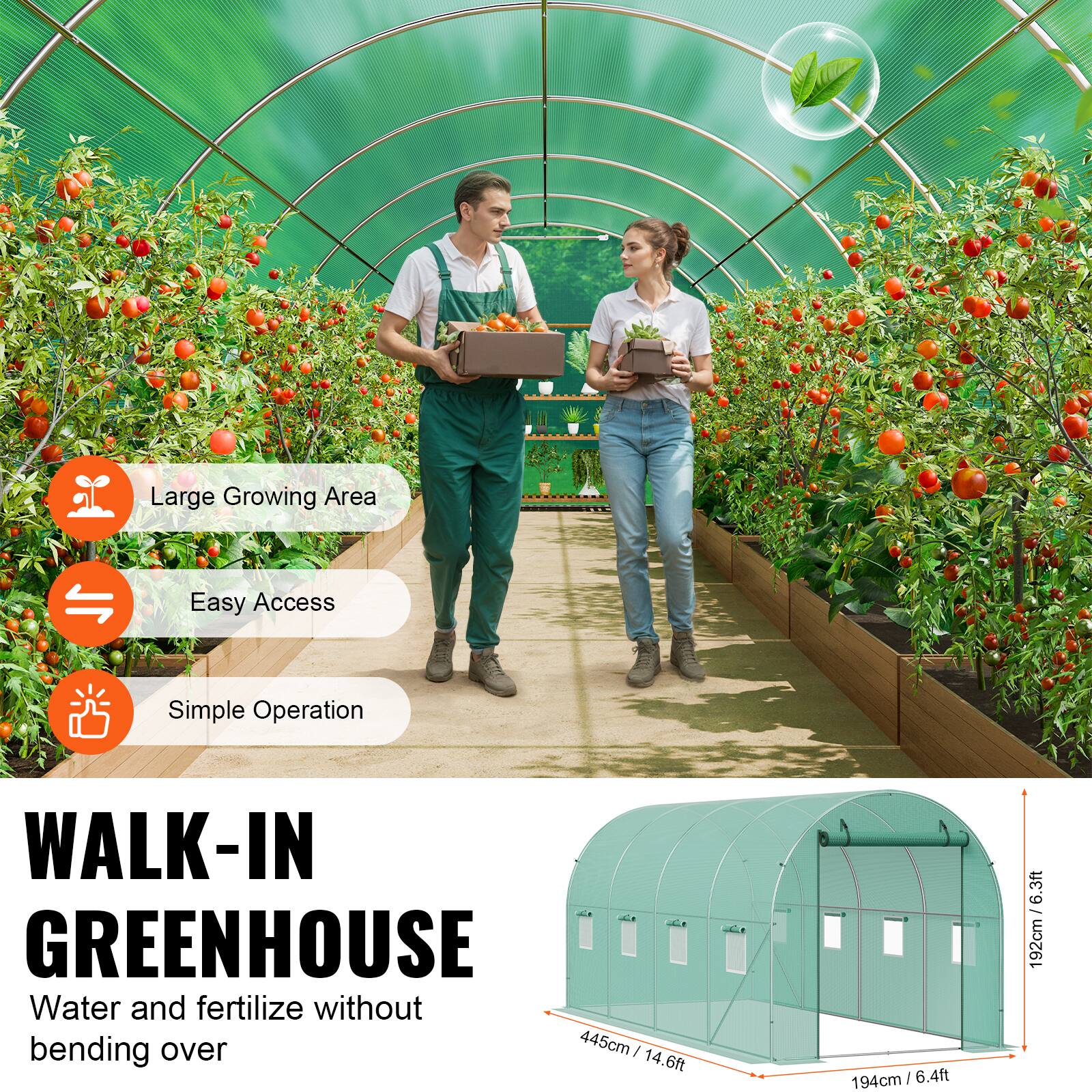 Large Growing Area, Easy Access, Simple Operation, WALK-IN GREENHOUSE, Water and fertilize without bending over, 445cm /14.6ft, 194cm / 6.4ft, 192cm / 6.3ft.