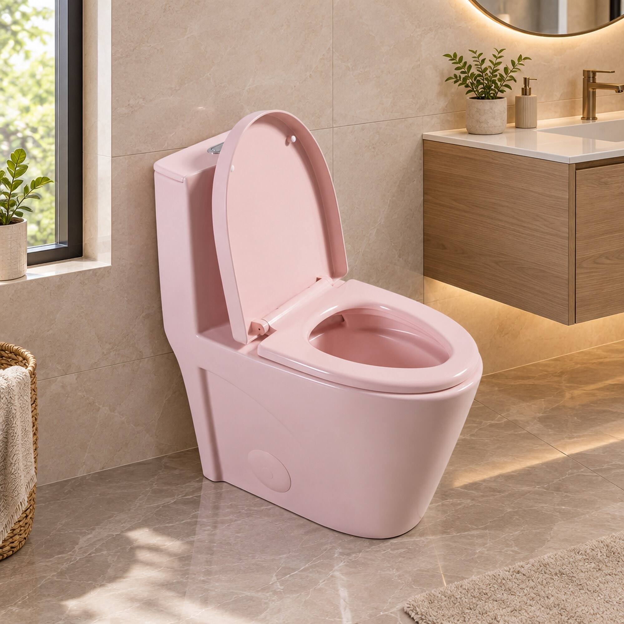 Left. RYHNUYNE - One Piece Toilet, Dual Flush Elongated Comfort Height Floor Mounted Soft Close Seat 1000 Gram Flush Score - Rose Pink.