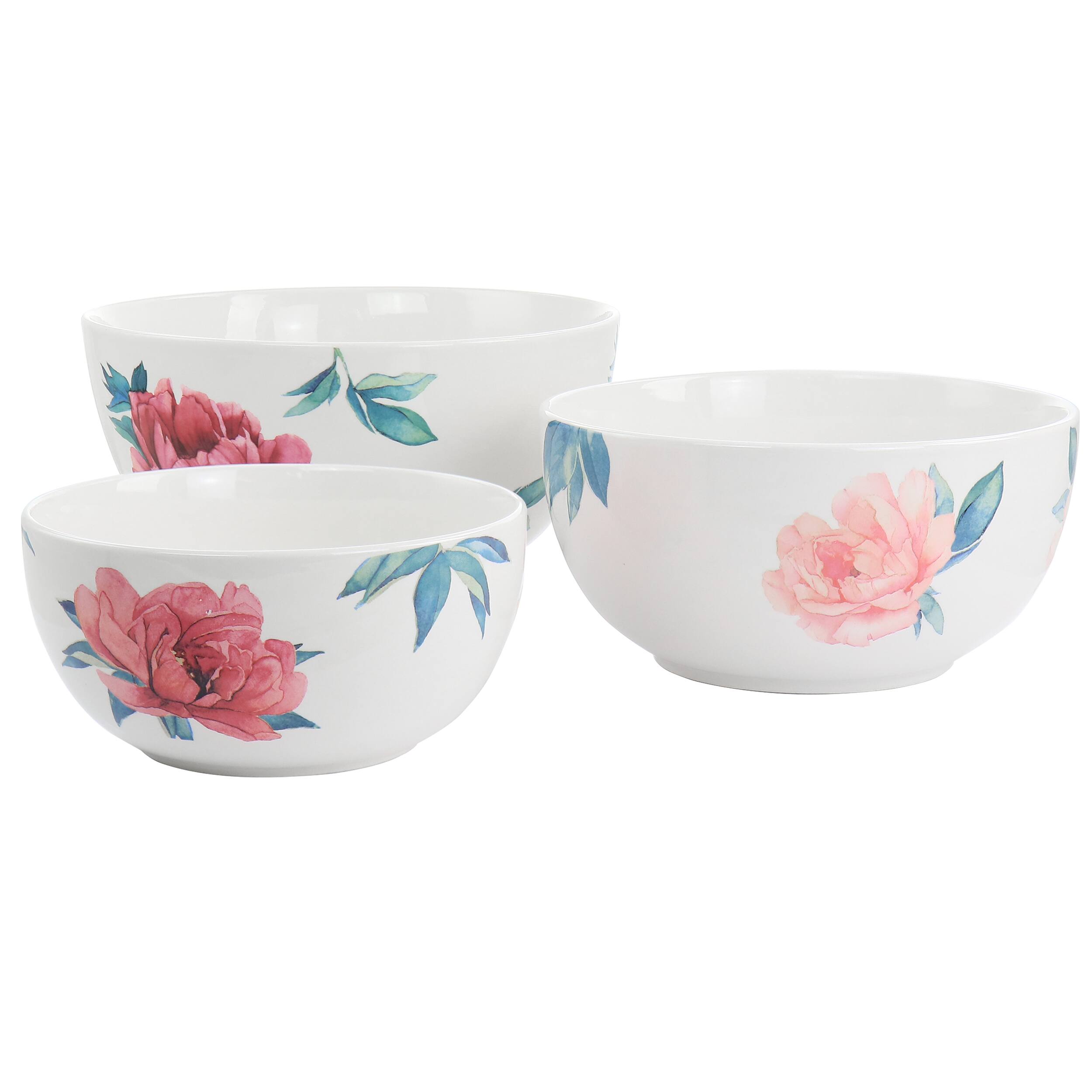 Front. Martha Stewart - Martha Stewart 3 Piece Fine Ceramic Floral Bowl Set in White - White.
