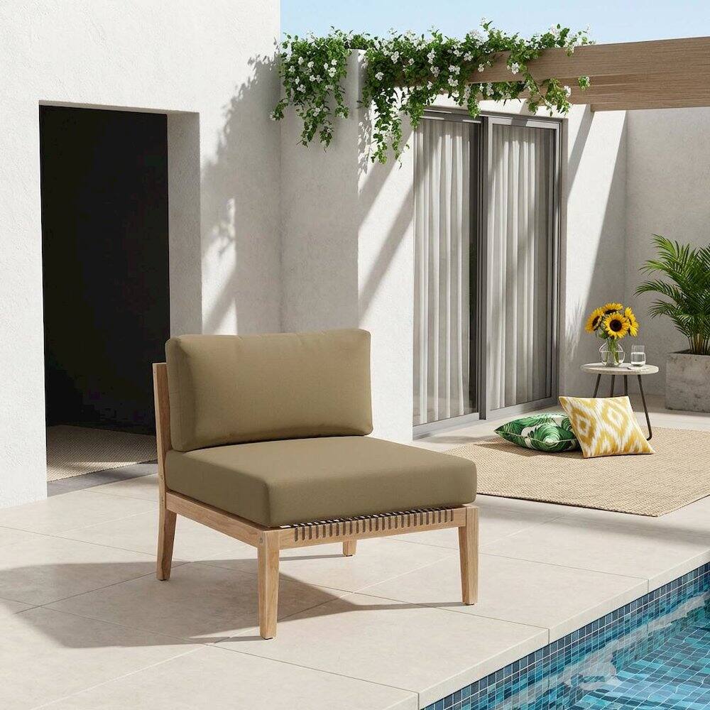 Angle. Outdoor Escape - Teak Wood Outdoor Lounge Chair With Armless Design And Cushioned Seat - Brown.