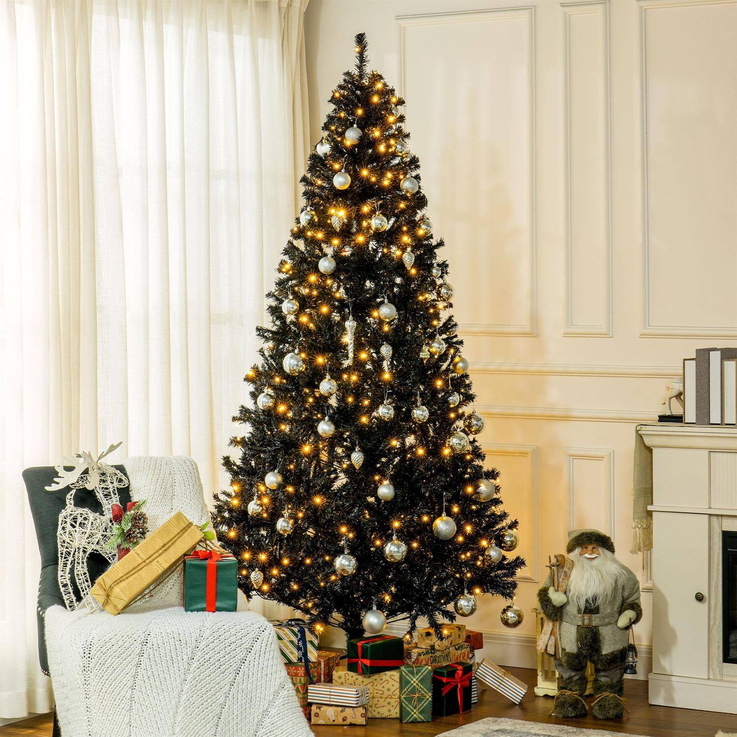 Pefilos - 7.5ft Tall Prelit Artificial Christmas Tree with 500 Warm White LED Lights and 1346 Tips - Black