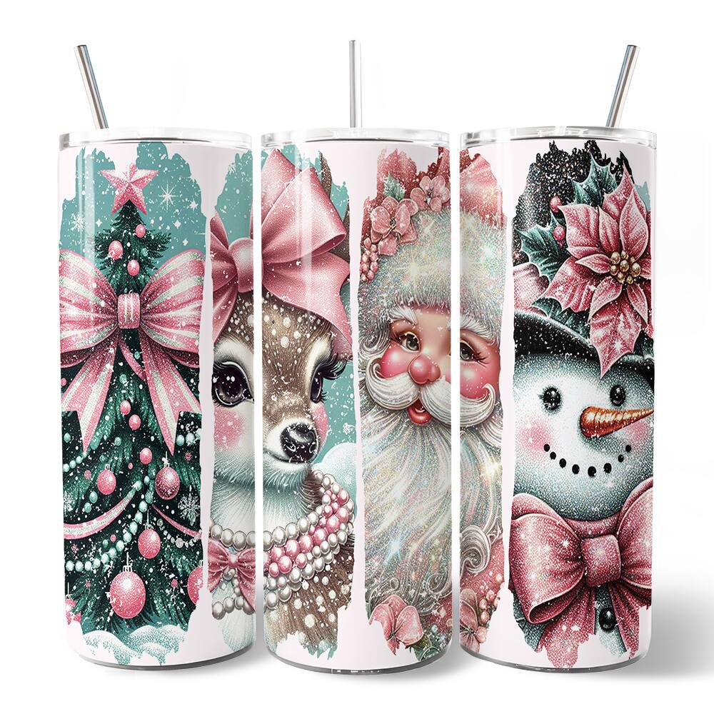 Front. OrnamentallyYou - Vintage Tree, Reindeer, Santa and Snowman 20oz Tumbler With Lid and Stainless Steel Straw - Multicolored.