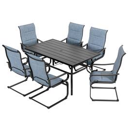 Nuu Garden - 7PCS Padded Textilene Patio Dining Set with Umbrella Hole, C-Spring Motion - Black and Blue