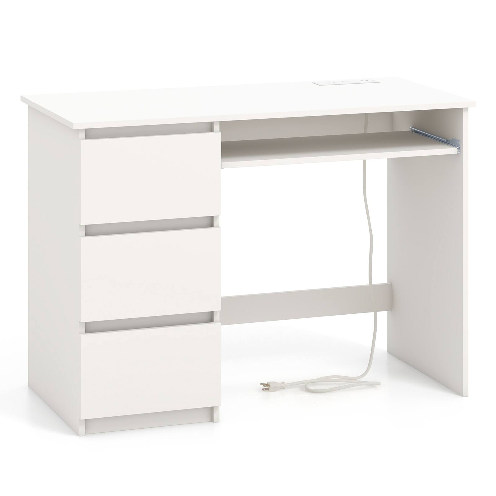 Front. Ecooso - Computer Desk with Power Outlet, Keyboard Tray and 3 Drawers, Home Office Workstation - White.