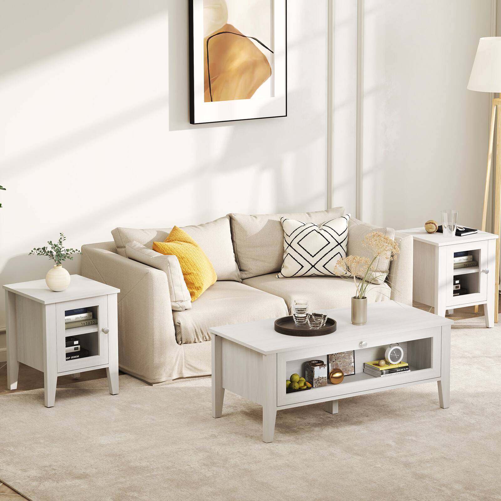 Angle. Bestier - Side Table with Acrylic Door Storage Cabinet, Modern End Table with Handle for Living Room or Bedroom - white.