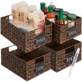 Best Choice Products - Set of 4 12in Woven Water Hyacinth Pantry Baskets w/ Chalkboard Label, Chalk Marker - Brown