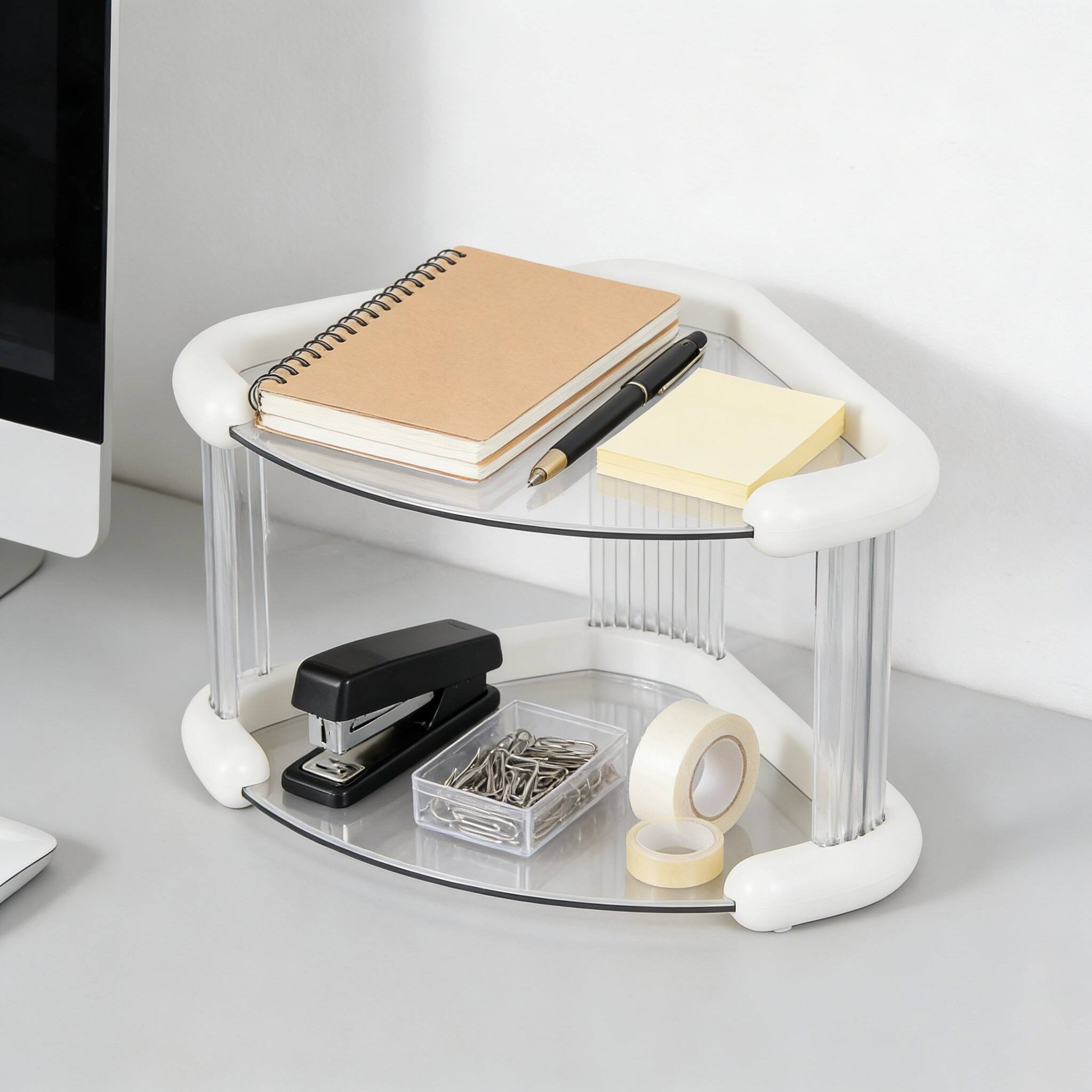 Front. Vecelo - Triangle Corner Desktop Organizer, 2 Tier Plastic Countertop Storage Rack for Kitchen, Vanity, Office - White.