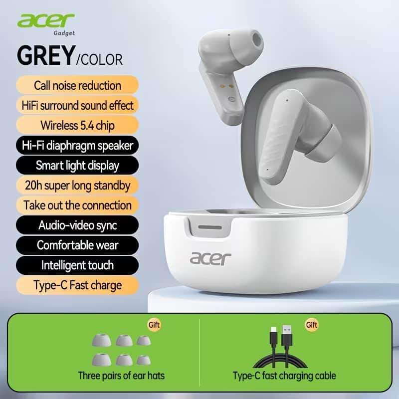 acer Gadget GREY / COLOR

- Call noise reduction
- HiFi surround sound effect
- Wireless 5.4 chip
- Hi-Fi diaphragm speaker
- Smart light display
- 20h super long standby
- Take out the connection
- Audio-video sync
- Comfortable wear
- Intelligent touch
- Type-C Fast charge

Gifts:
- Three pairs of ear hats
- Type-C fast charging cable