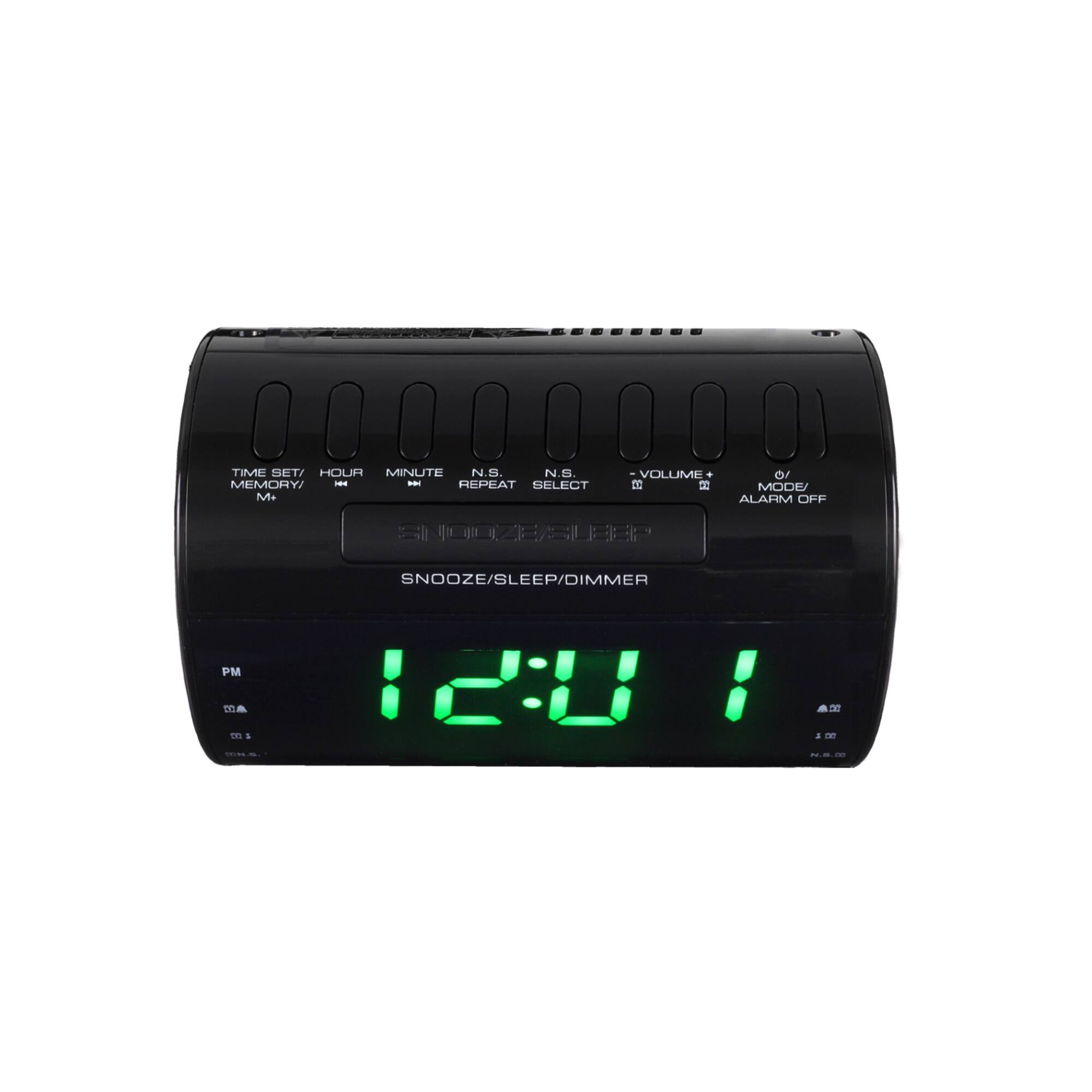 TIME SET MEMORY: M+
HOUR MINUTE N.S. REPEAT
N.S. SELECT
VOLUME +/-
MODE/ALARM OFF
SNOOZE/SLEEP/DIMMER
PM
12:01
