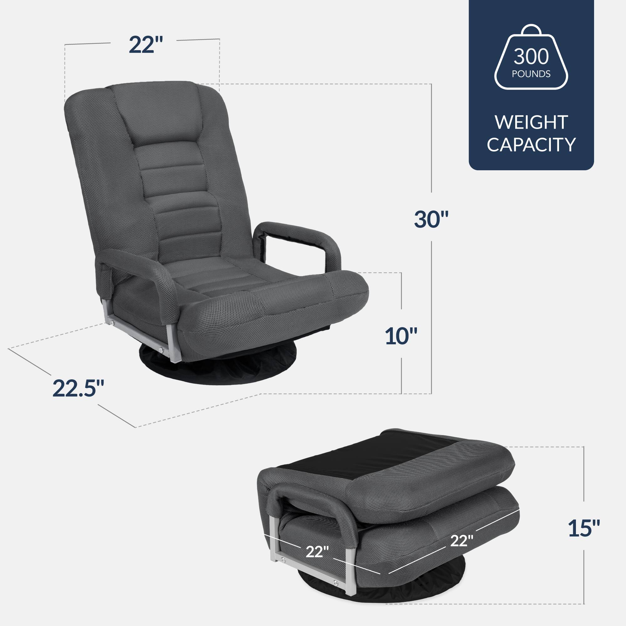 - 22" (height of the backrest)
- 30" (width of the seat)
- 10" (depth of the seat)
- 22.5" (height of the armrest)
- 15" (height of the footrest)
- 22" (width of the footrest)
- 22" (depth of the footrest)
- 300 pounds weight capacity