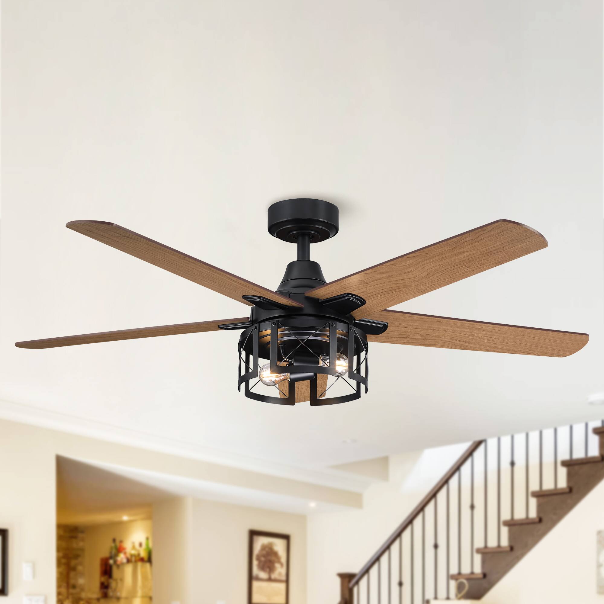 Angle. Parrot Uncle - 52 in. Matte Black Reversible Blades Ceiling Fan with Light and Remote - Black.