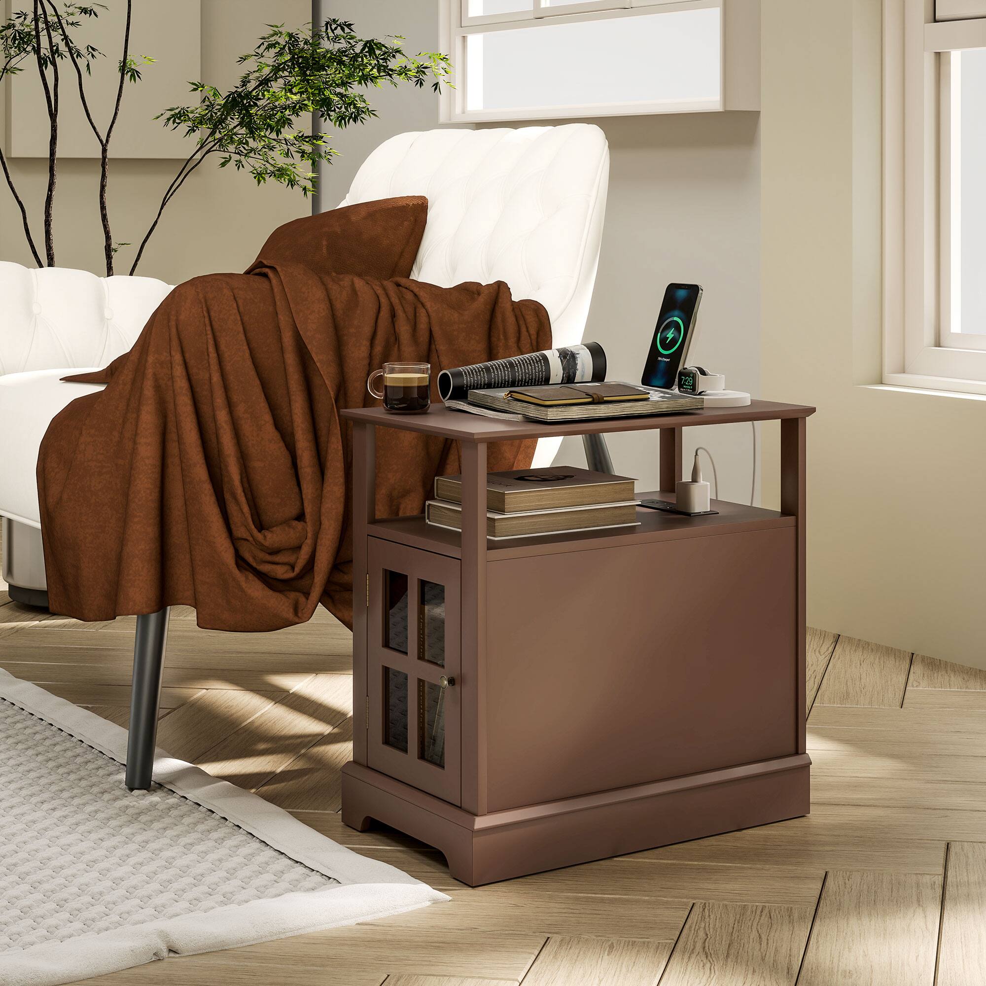Alt View 1. Homcom - End Table w/ Charging Station, USB Ports & Outlets, Hidden Storage & Open Shelf - Brown.