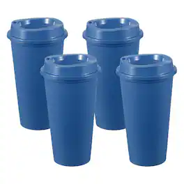 Unique Bargains - 4pcs Reusable Coffee Cups with Lids, 16oz Travel Mugs Spill Proof for Hot and Cold Drinks Juice Tea - Dark Blue